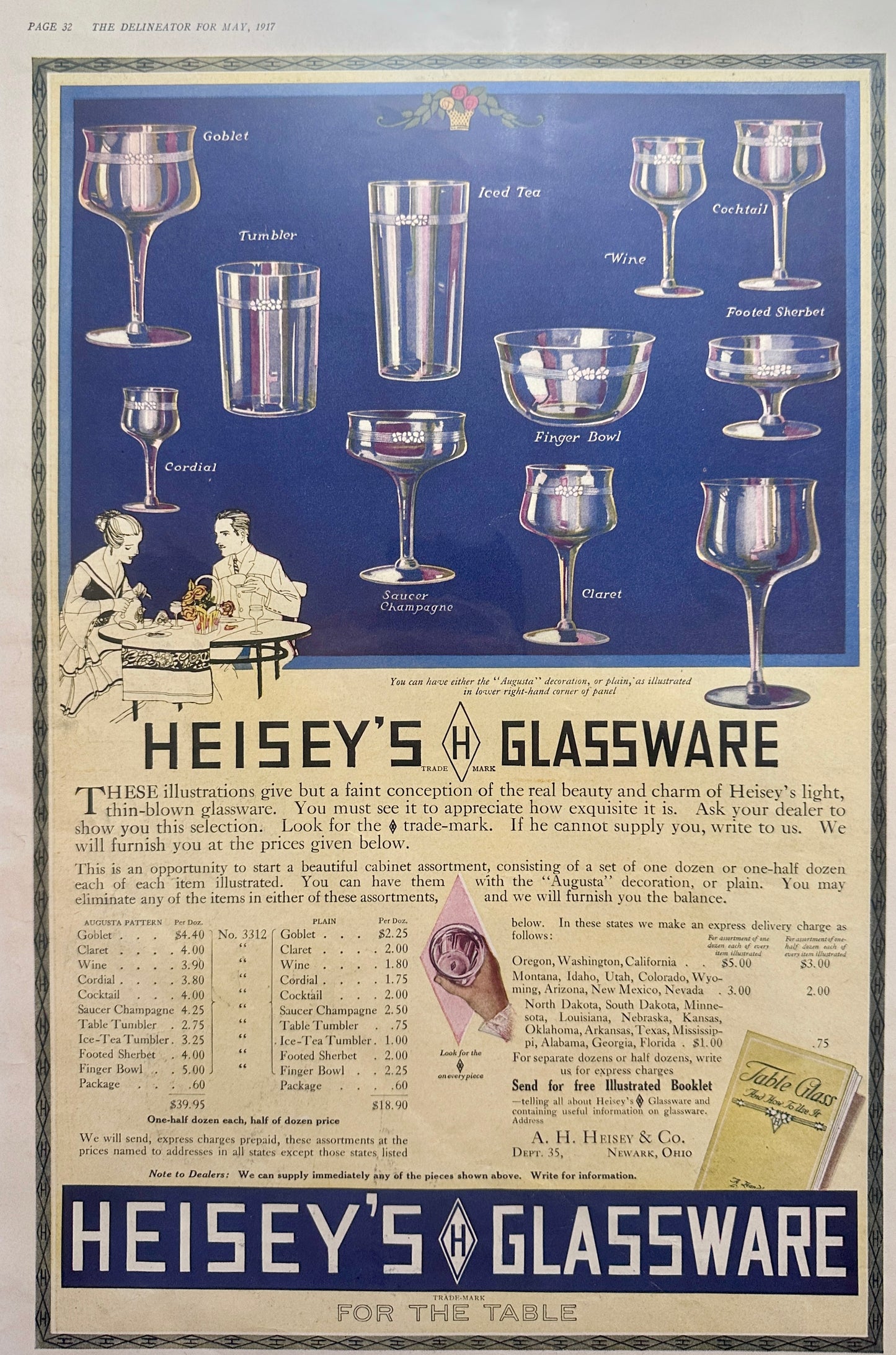 1917 Heisey's Glassware Vintage Ad - Augusta Pattern, Newark, Ohio Ad #170