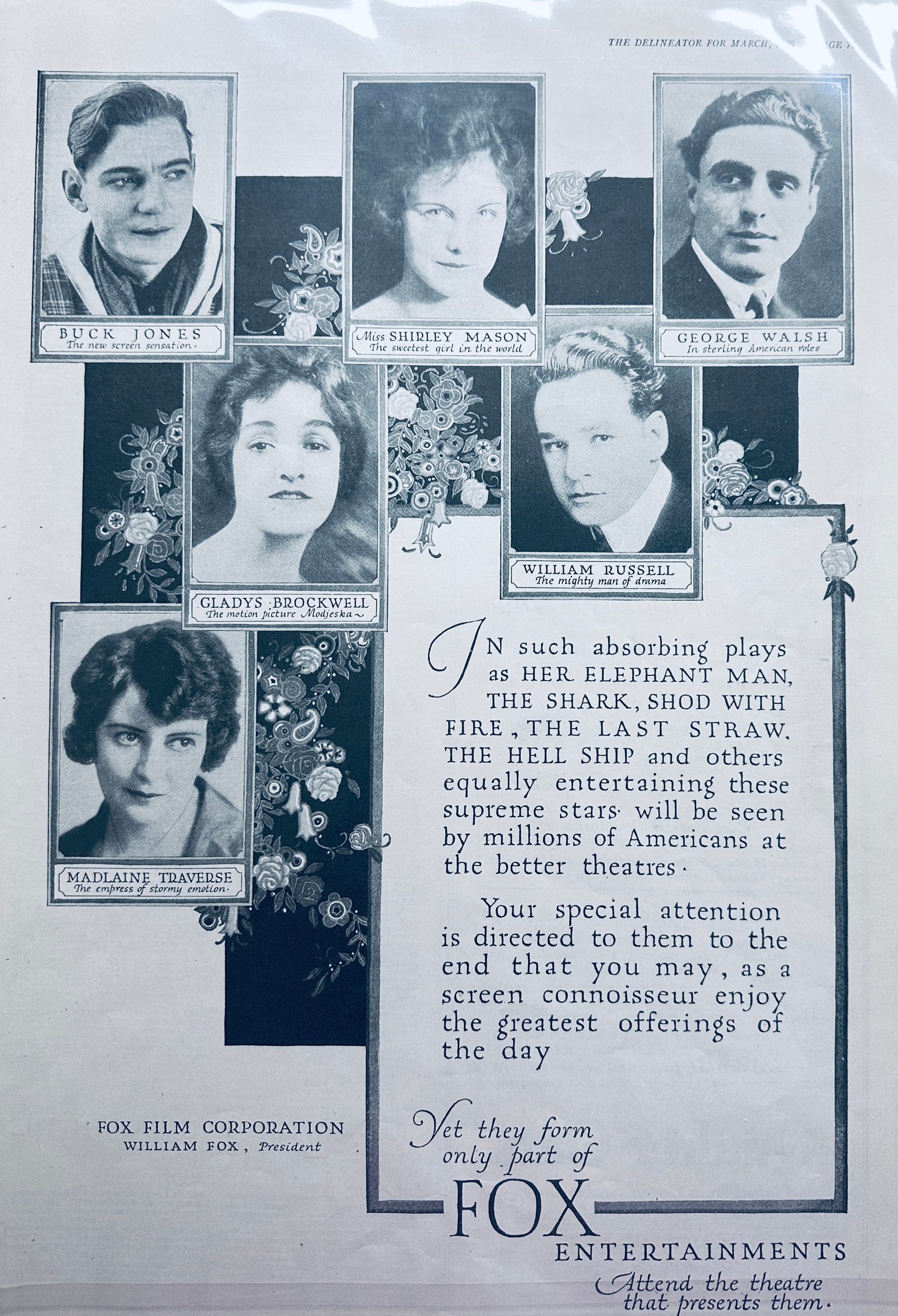 1920 Fox Entertainment Period Movie Stars - Buck Jones, Shirley Mason ++ Ad #92