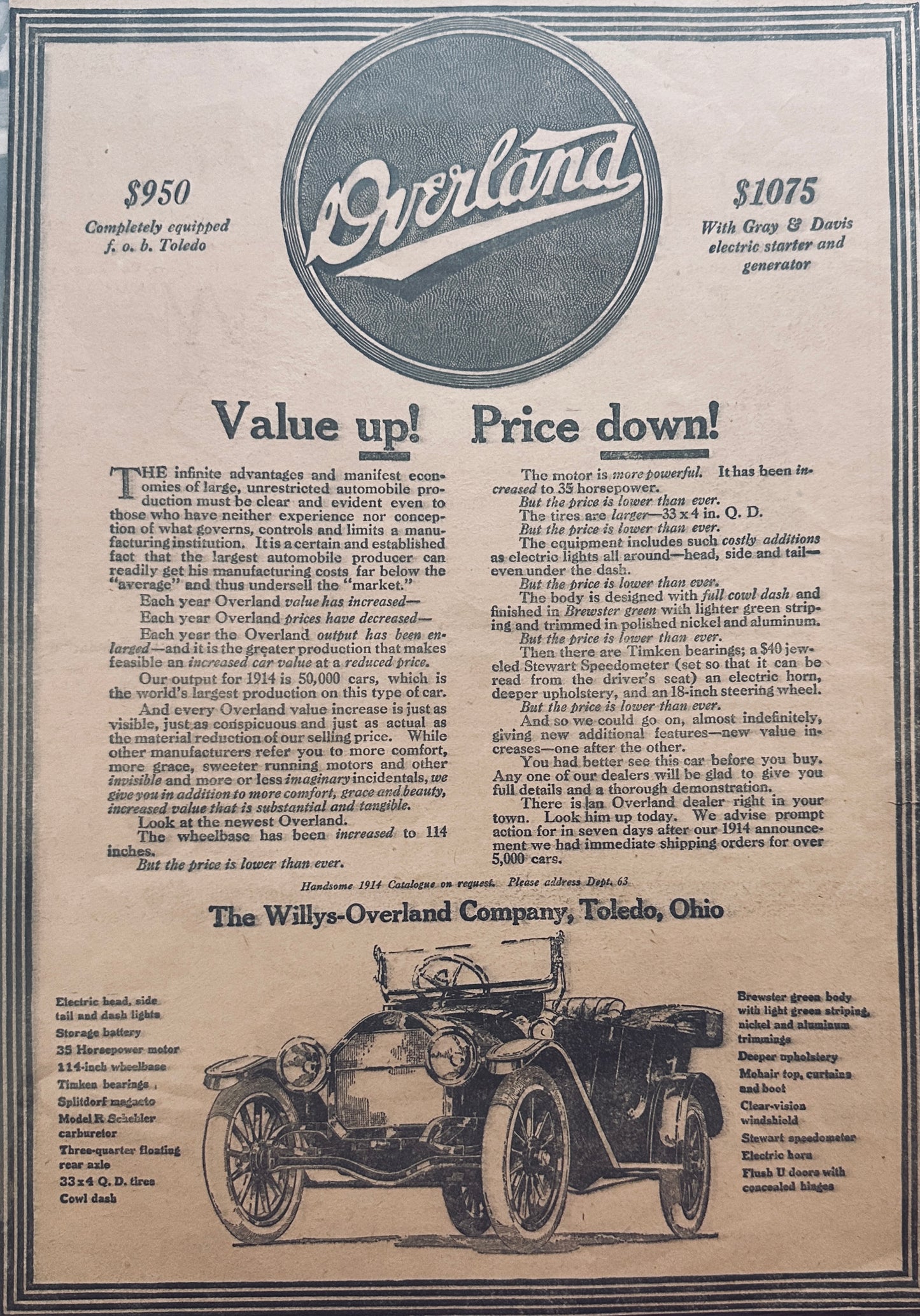 1913 Overland - Willys-0Overland Company Toledo, OH Ad #1748 Set