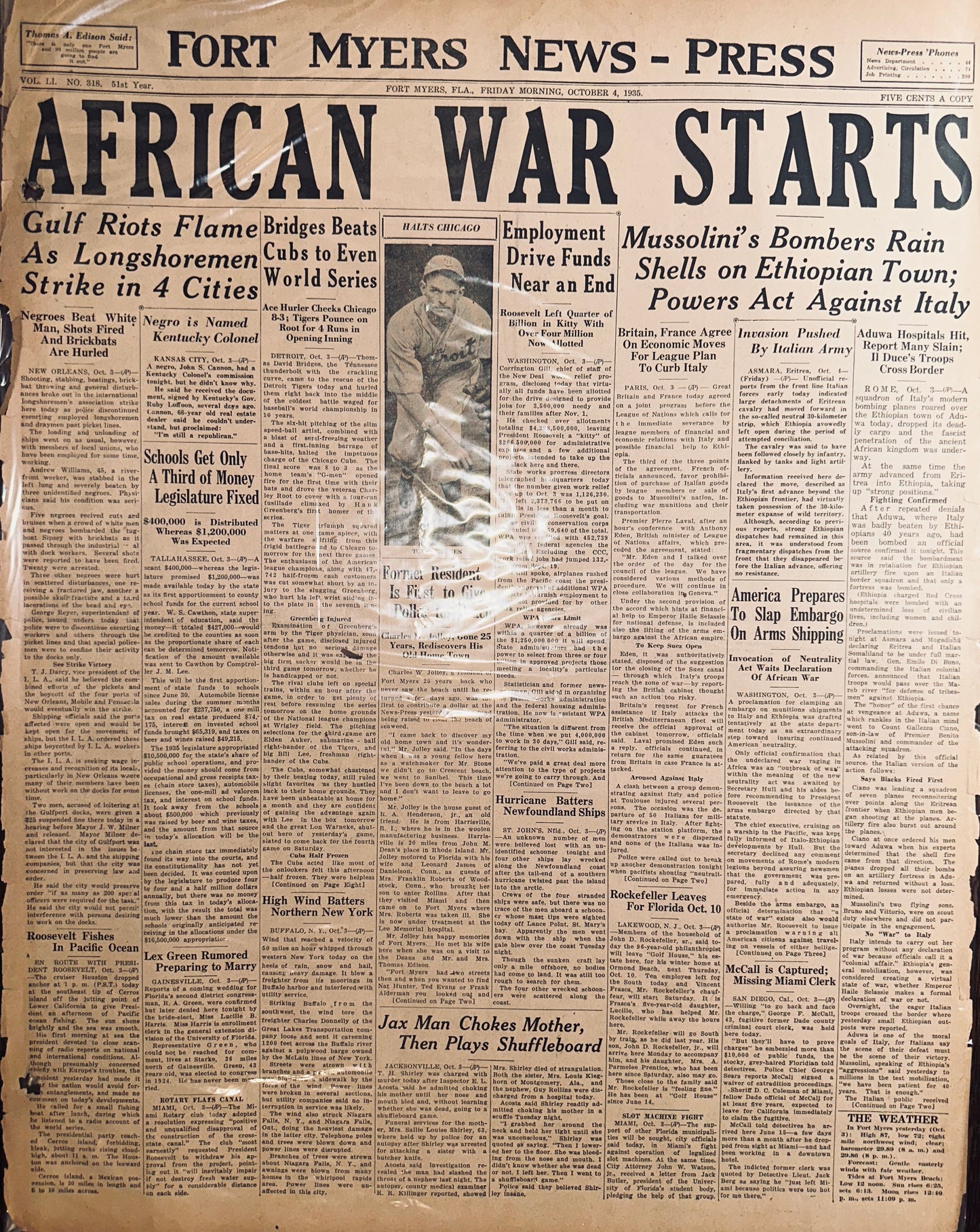 1935 -OCT-4: FORT-MYERS NEW-PRESS: AFRICAN WAR STARTS HH0031