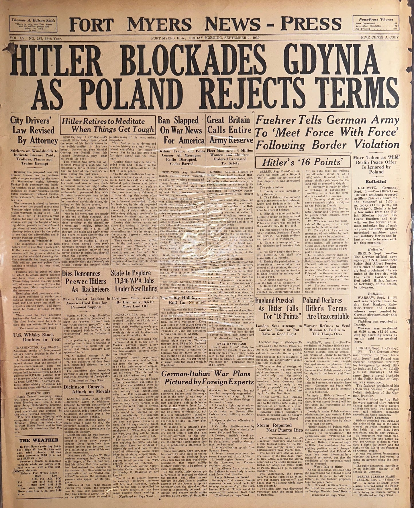 1939 - Sept 1, HITLER BLOCKADES GDYNIA - FORT MYERS NEWS-PRESS HEADLINE HH037