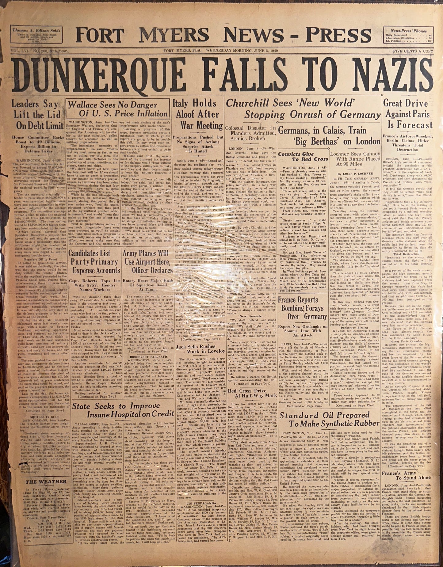 1940-JUN-5: HISTORIC HEADLINE DUNKERQUE FALLS HH0046