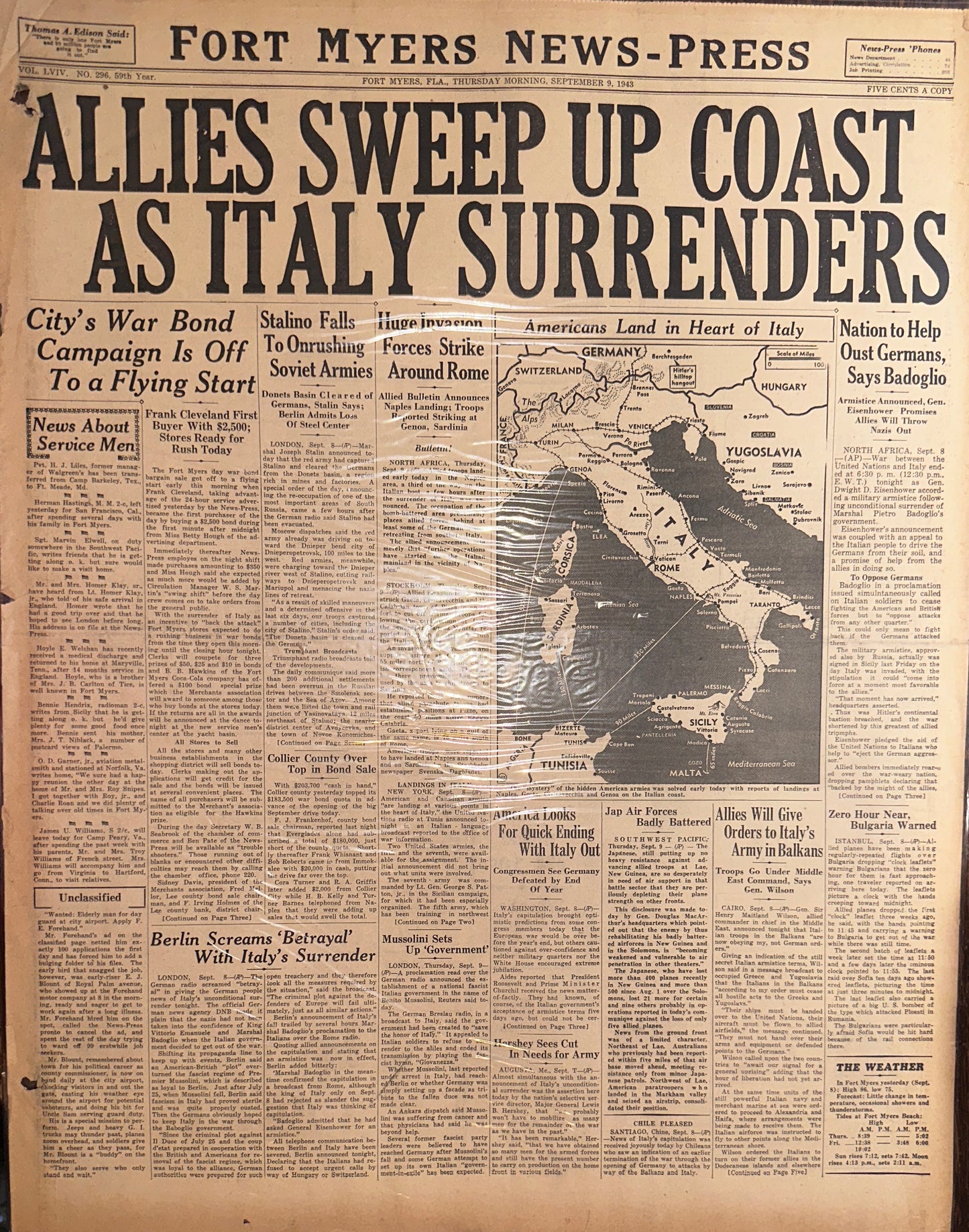1943-SEPT-9: ALLIES SWEEP UP COAST AS ITALY SURRENDERS HH0047