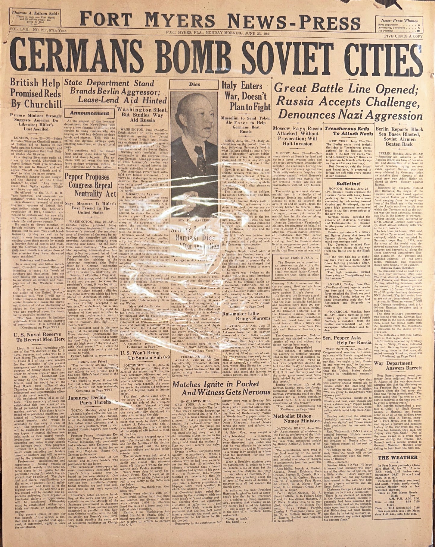 1941-JUN-23: GERMANS BOMB SOVIET CITIES HISTORIC HEADLINES HH0048
