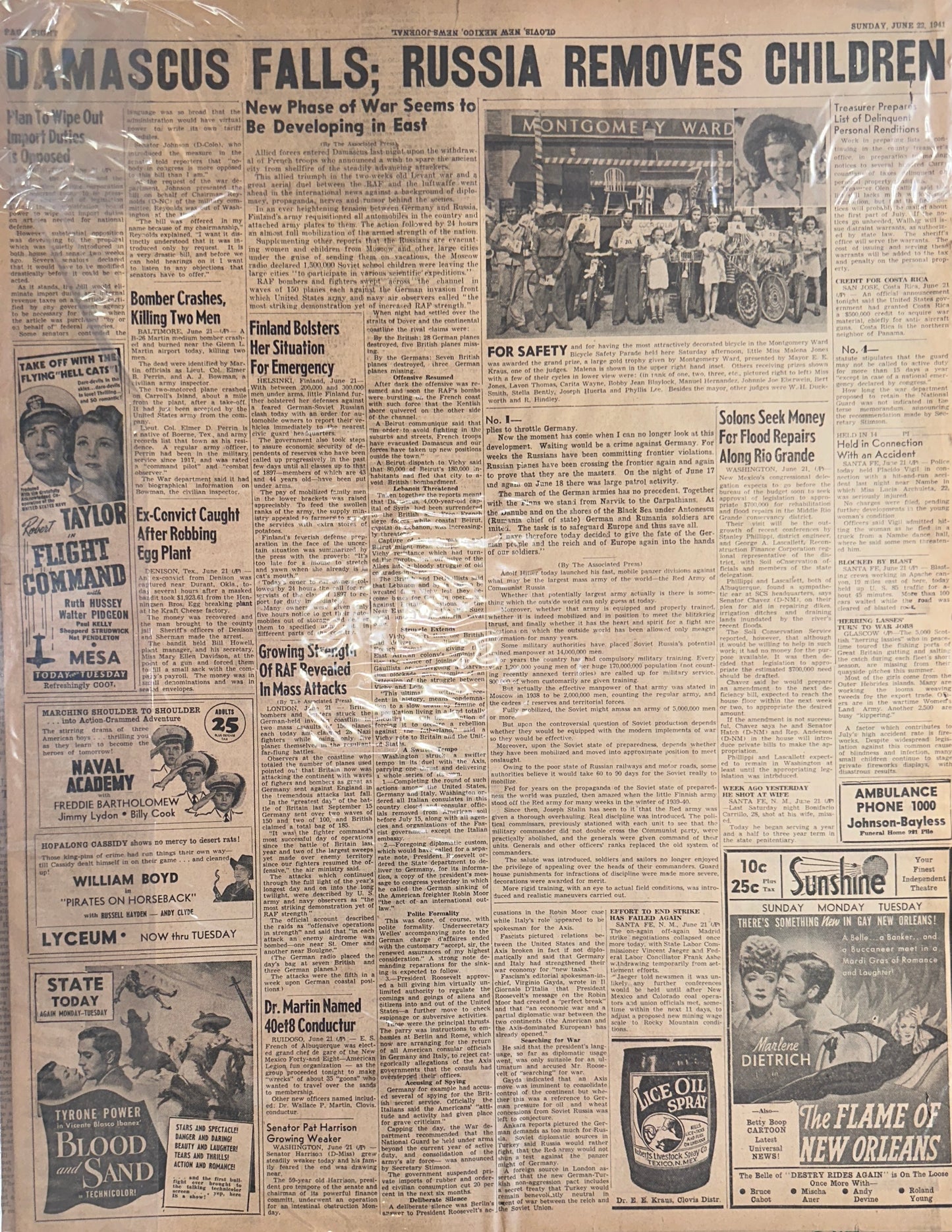 1941-JUN-22: GERMANY DECLARES WAR ON RUSSIA- HISTORIC HEADLINE HH0052