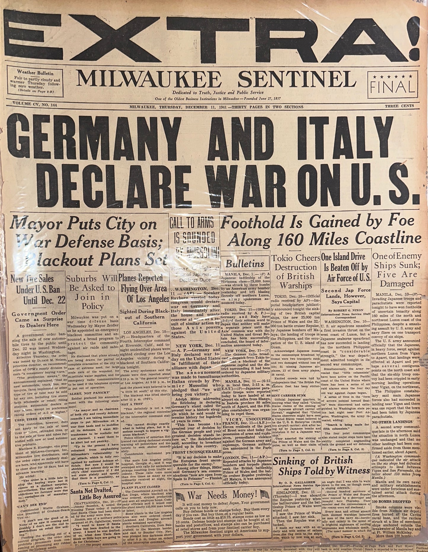 1941-DEC-11 WWII GERMANY AND ITALY DECLARE WAR ON US - HH0062