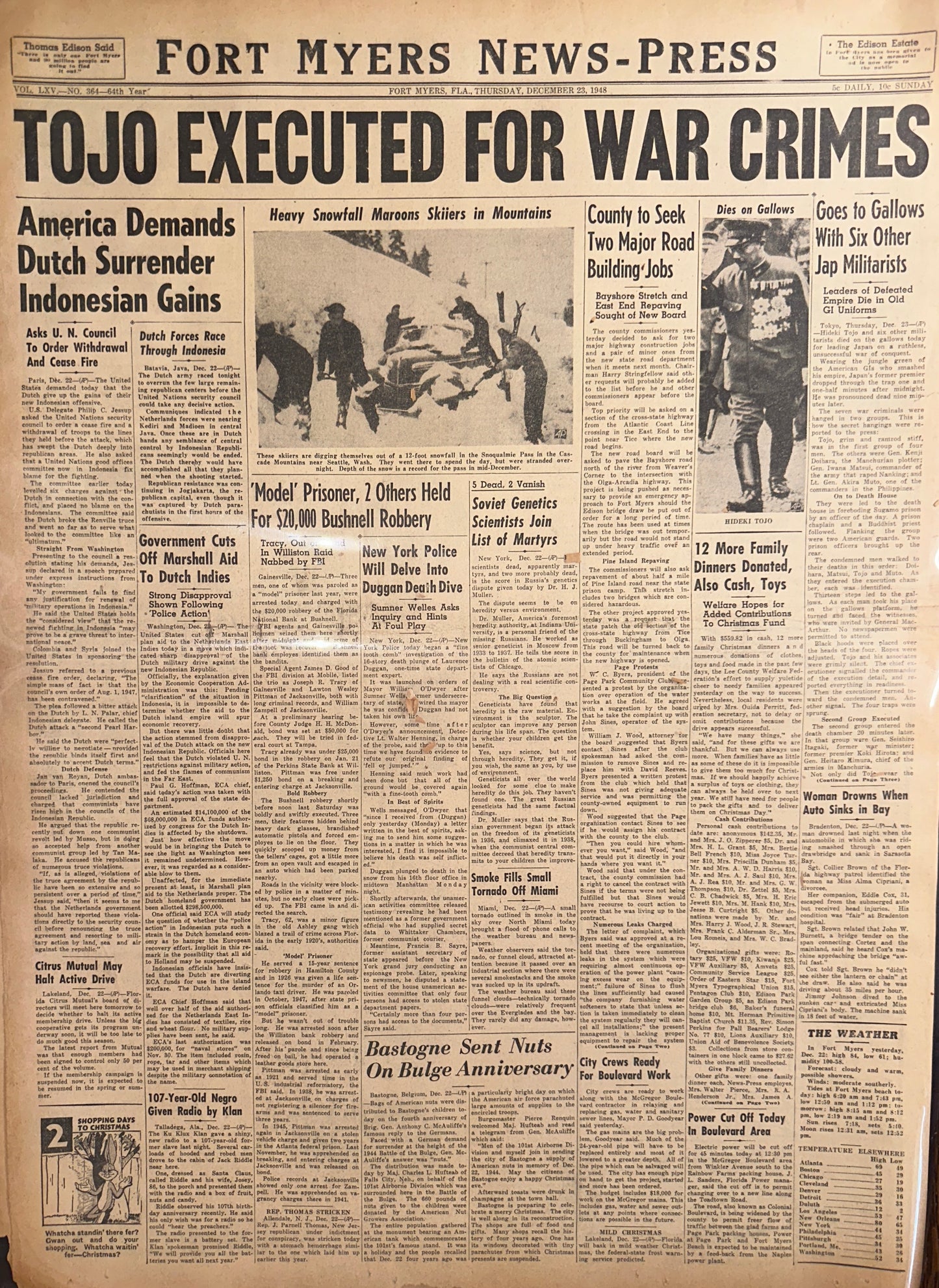 1948-DEC-23: HISTORIC HEADLINE TOJO EXECUTED FOR WAR CRIMES HH0066