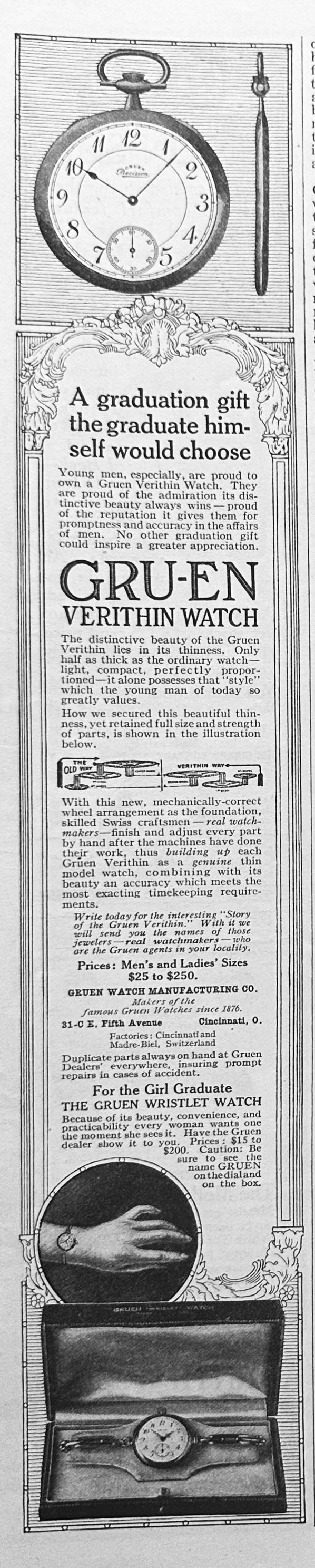1913 GRUEN Verithin Pocket and Wrist Watches Ad #1761