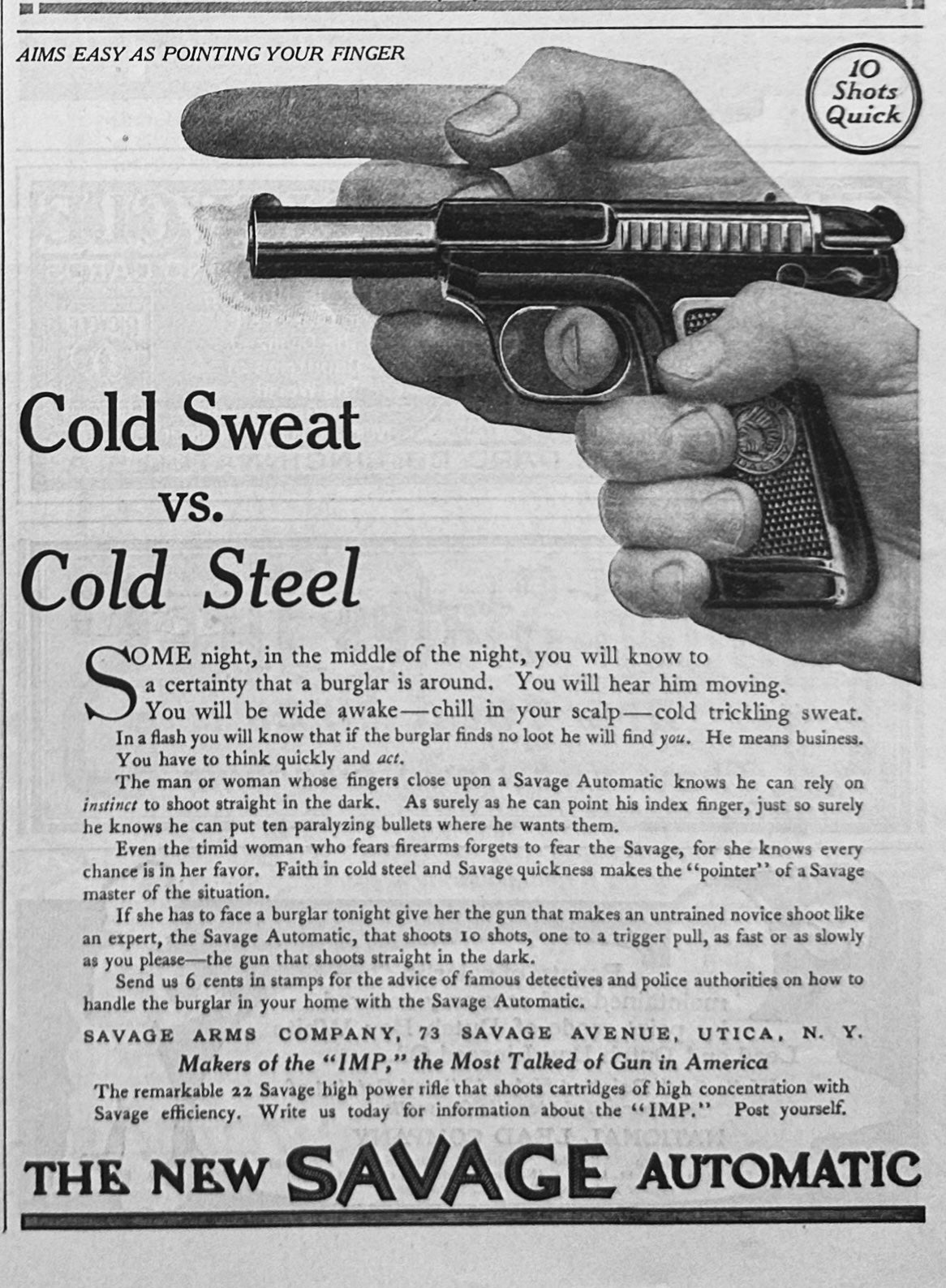 1913 Original Savage ARMS "IMP" Hand Pistol Vintage Ad #1775