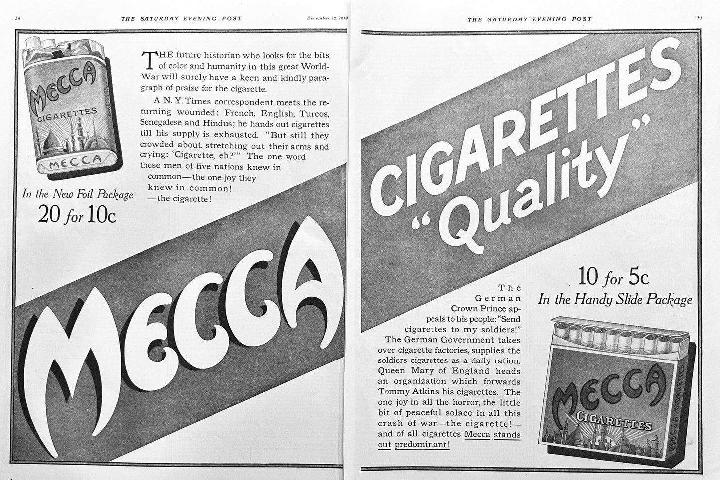 1914 Two-Page MECCA Cigarette Ad #1807