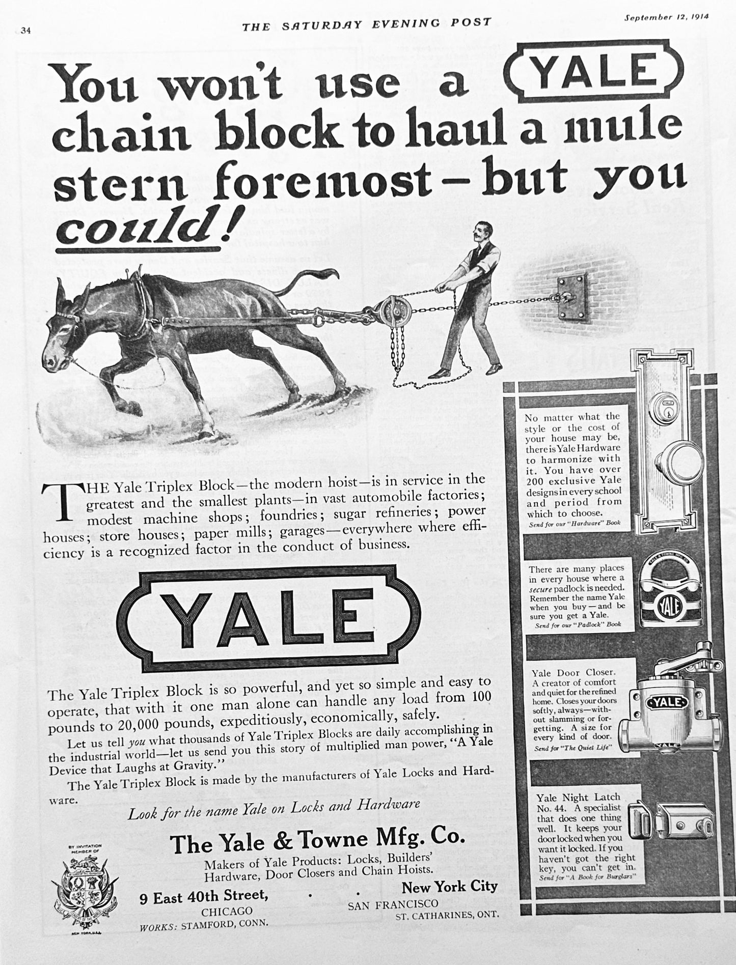 1914 Yale & Towne MFG - Locks and Hardware Ad #1800