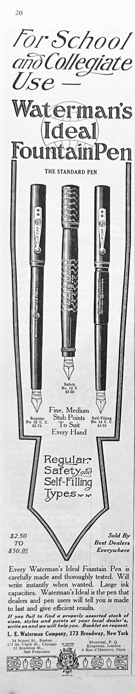 1914 Waterman Fountain Pen Edge Ad 3 Styles Shown Ad #1794