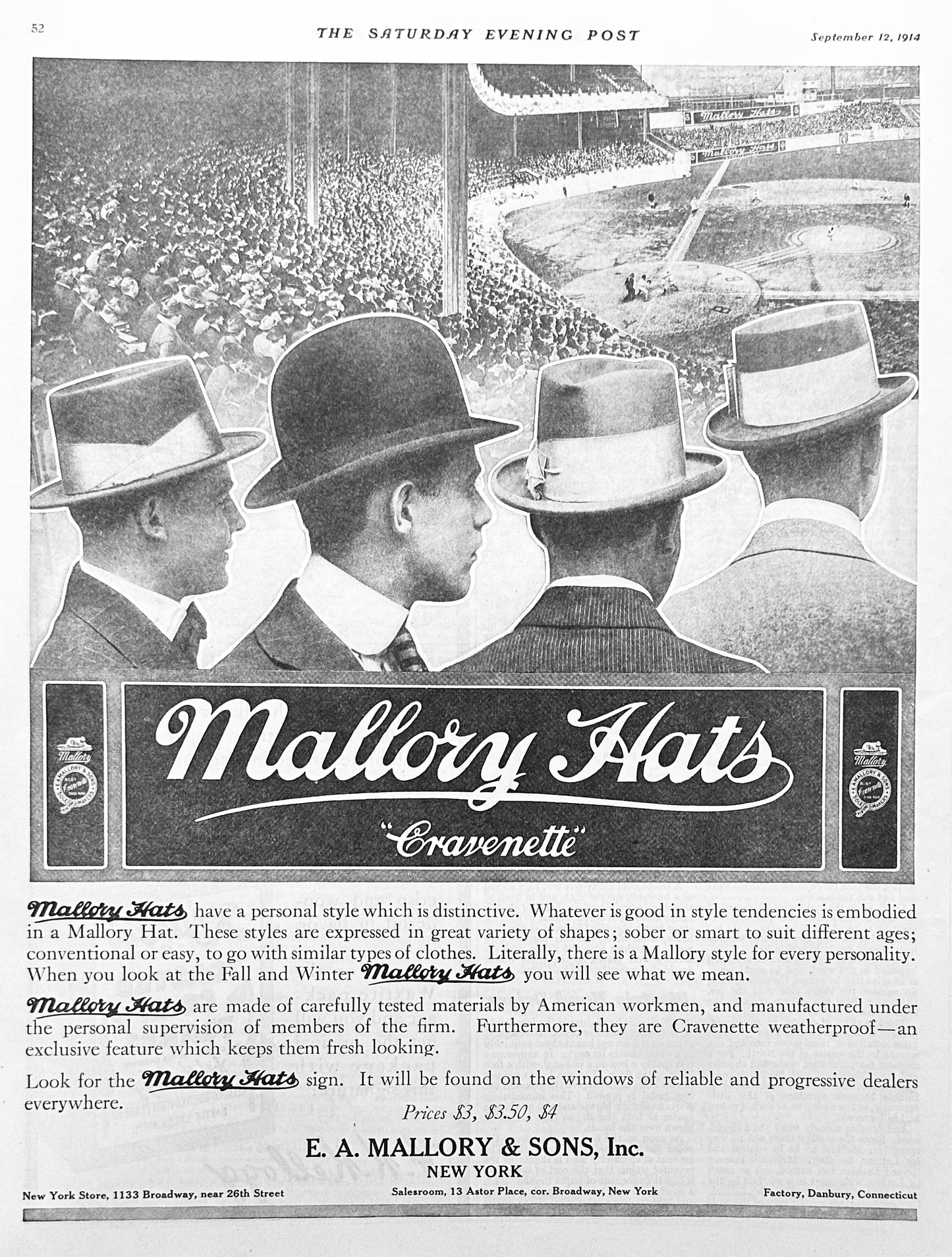 1914 Mallory Hats - Cravenette - Men's Fashion Hats Ad #1793