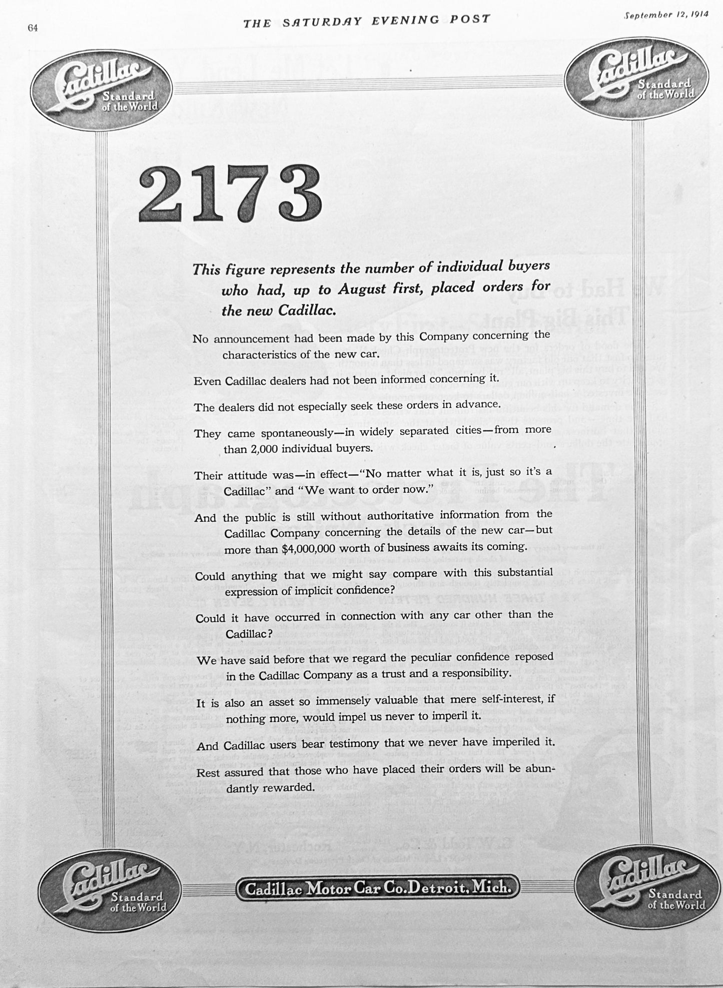1914 - Cadillac 2173 Cars Order in First 7 months of 1914 - Ad #1788