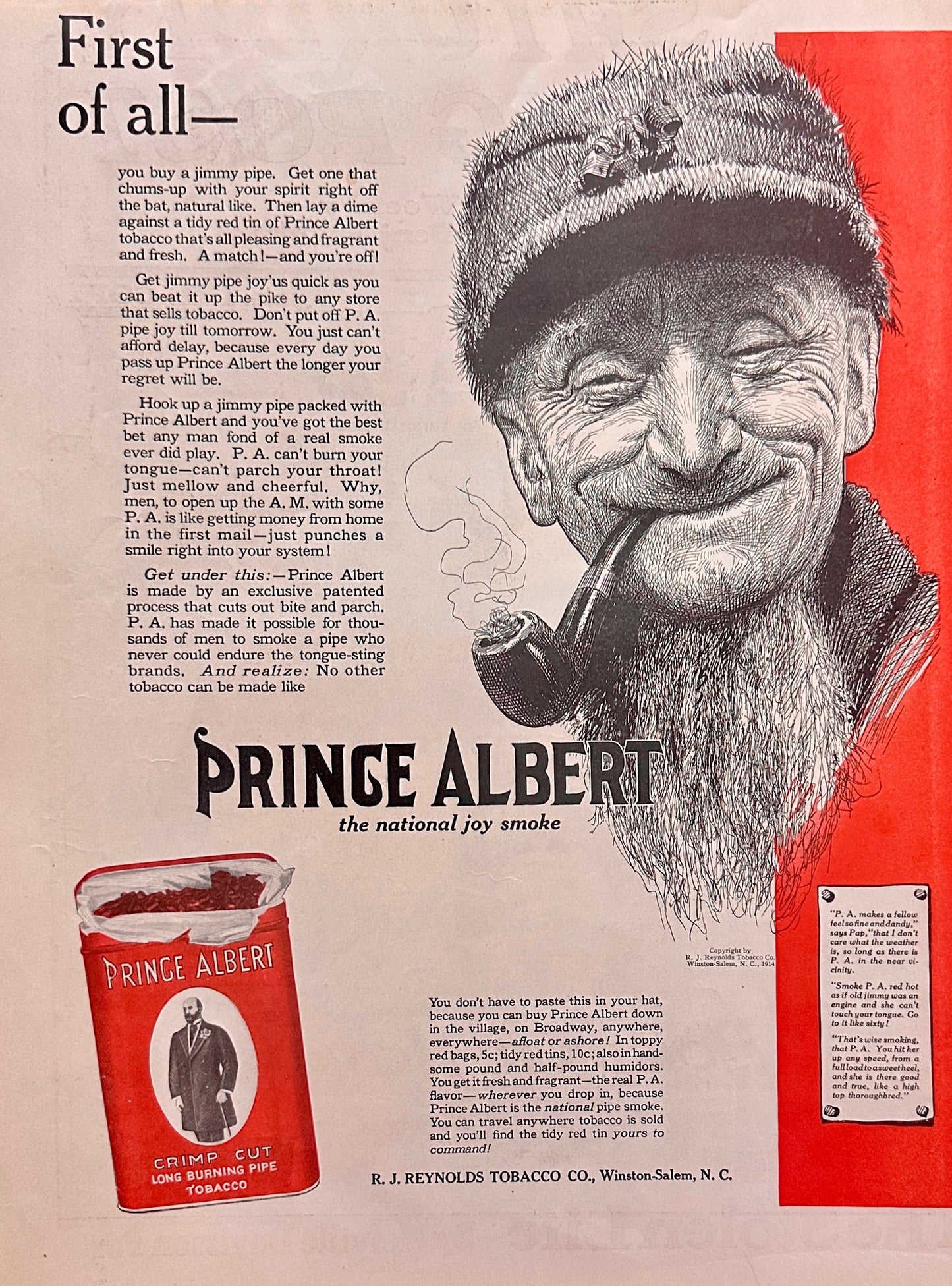1914 Prince Albert Crimp Cut Pipe Tobacco Ad #1814