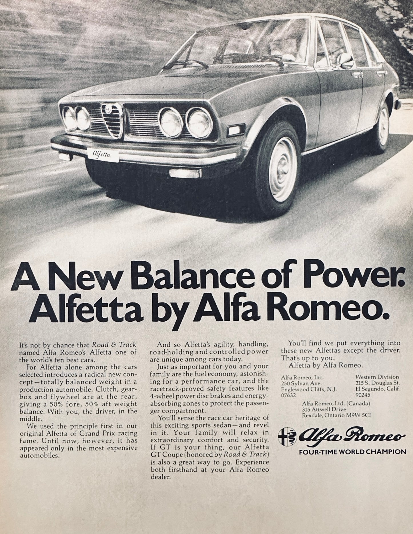 1975 Alfetta by Alfa Romeo - A New Balance of Power Magazine Ad