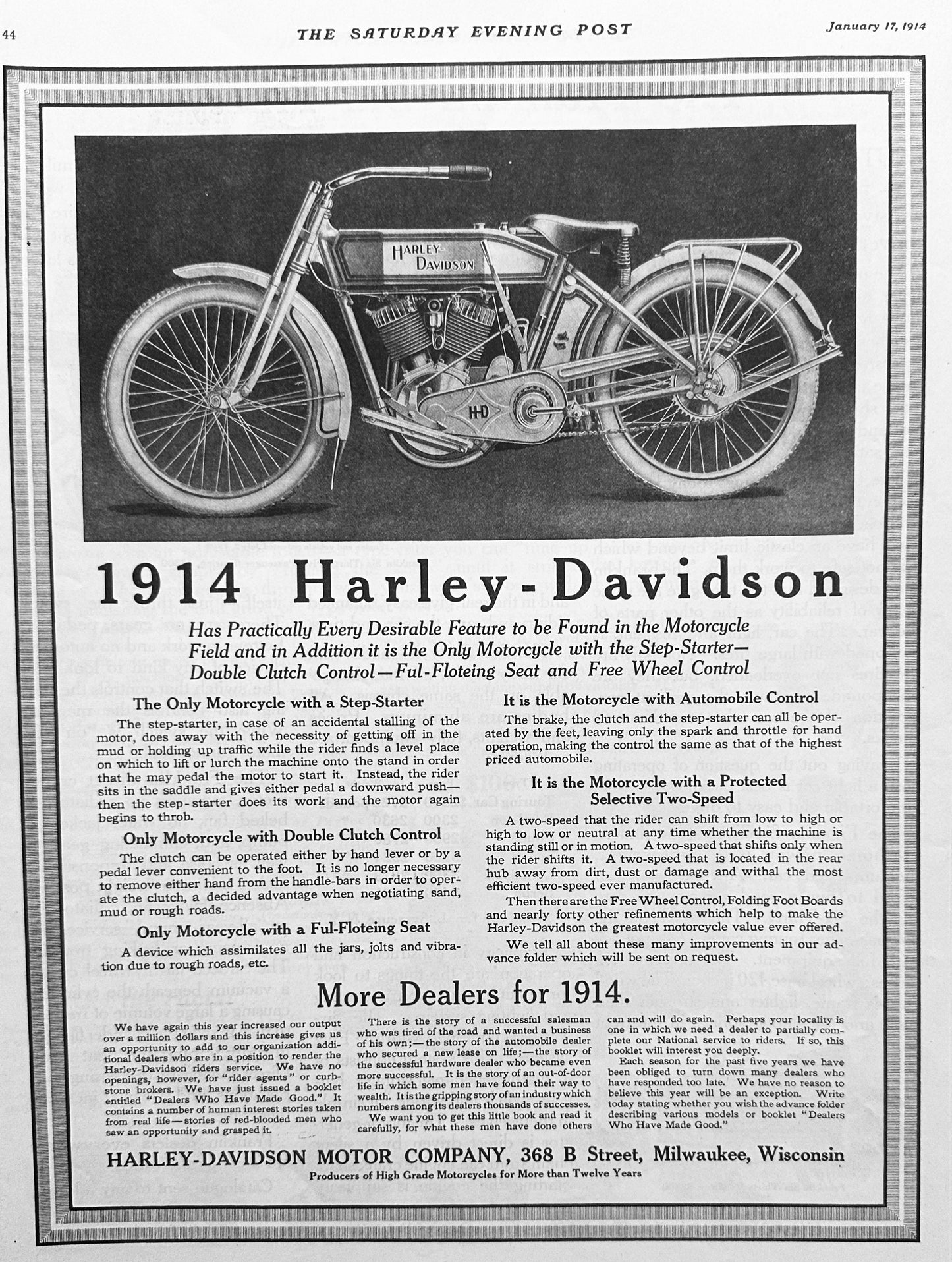 1914 Harley-Davidson Motorcycle Full Page Ad #1817