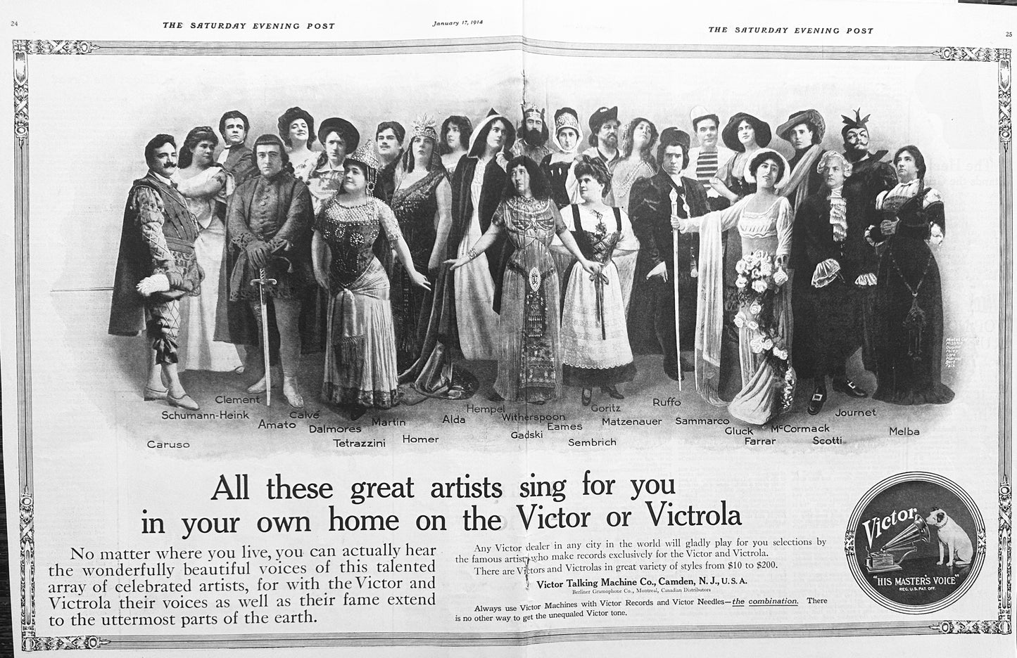1914 - Centerfold Ad for Victor His Master's Voice Featuring Period Recording Artists #1821