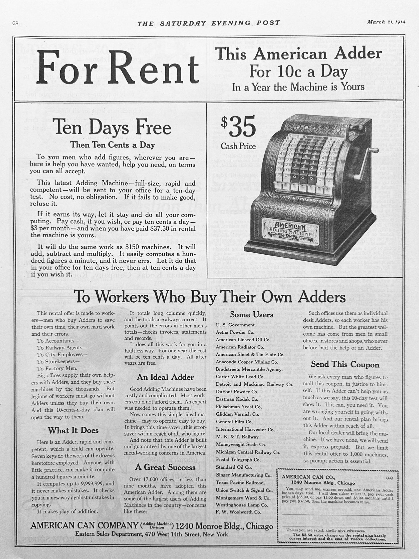1914 -Early Adding Machine - American Adder Ad #1824