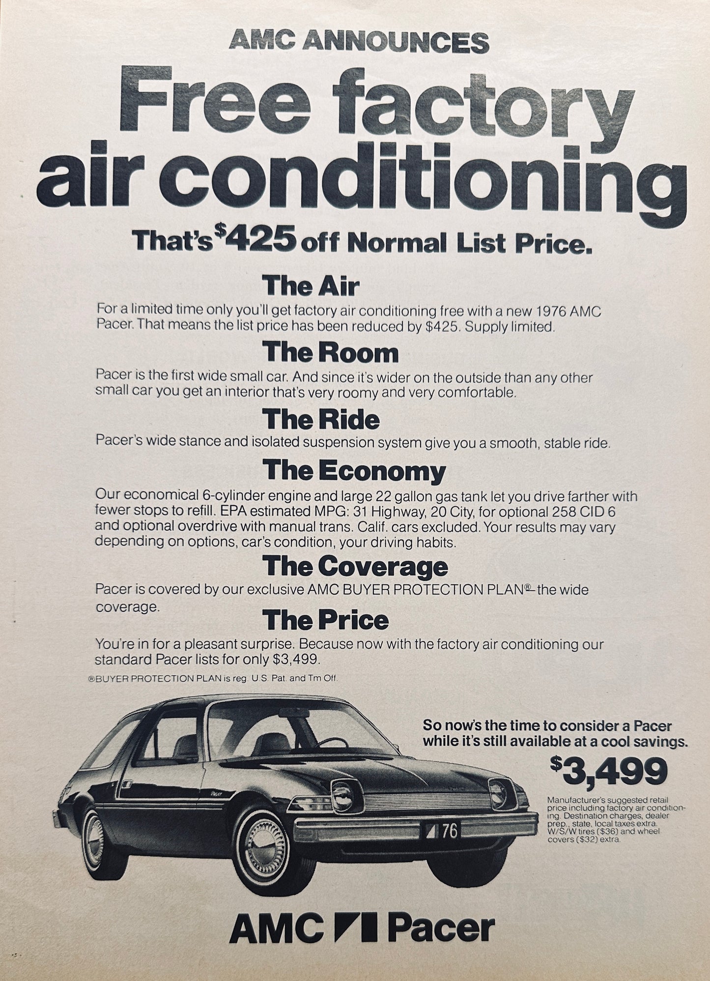 1976 AMC Pacer with Free Factory AC - Magazine Ad A10