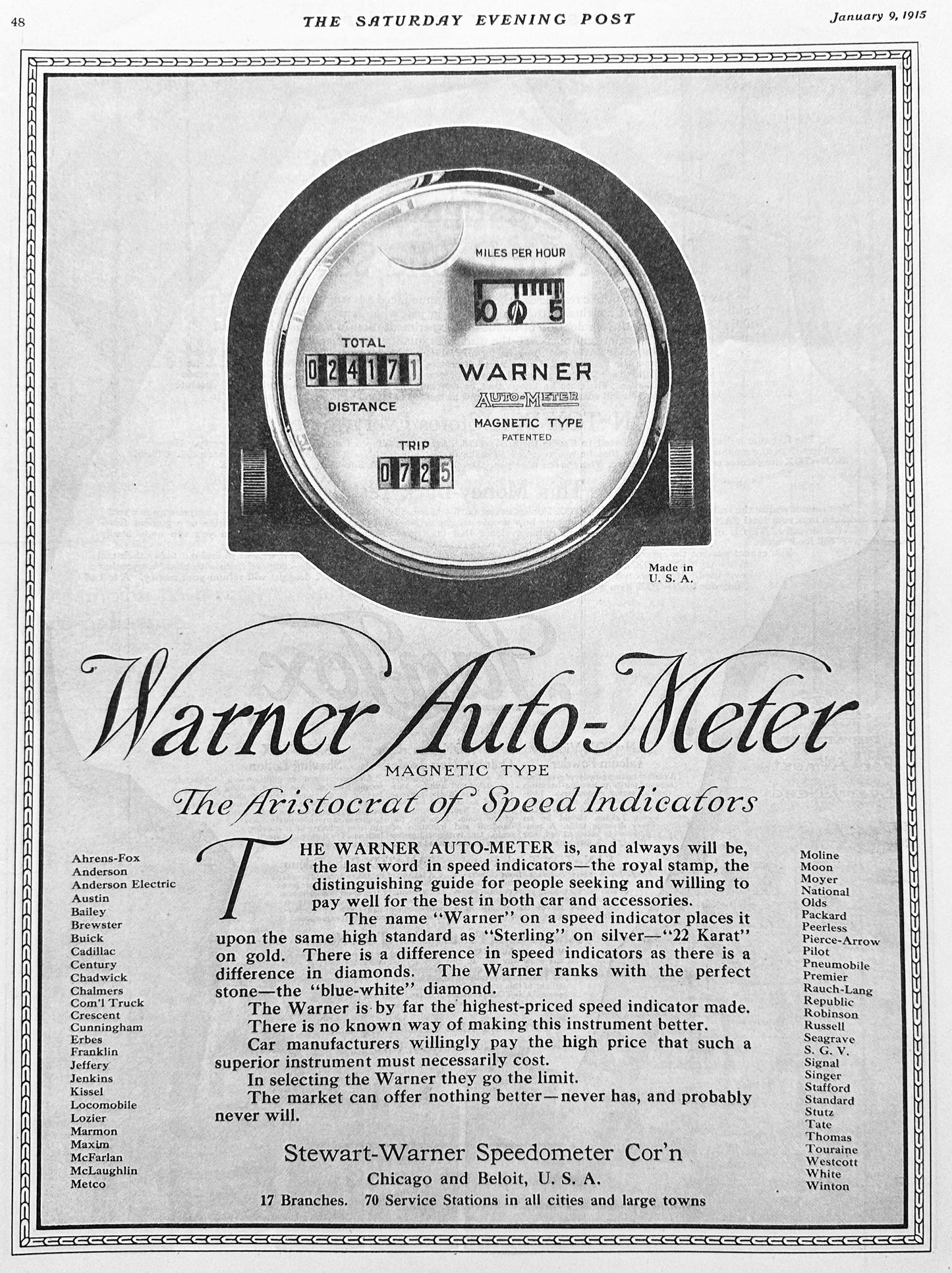 1915 Warner Auto-Meter Magnetic Type Speed Indicator - Used on 54 Models AD #1837