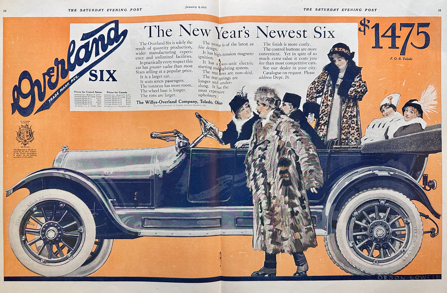 1915 Fabulous Centerfold Ad For the Overland Six - Racoon Coats - Ad #1831