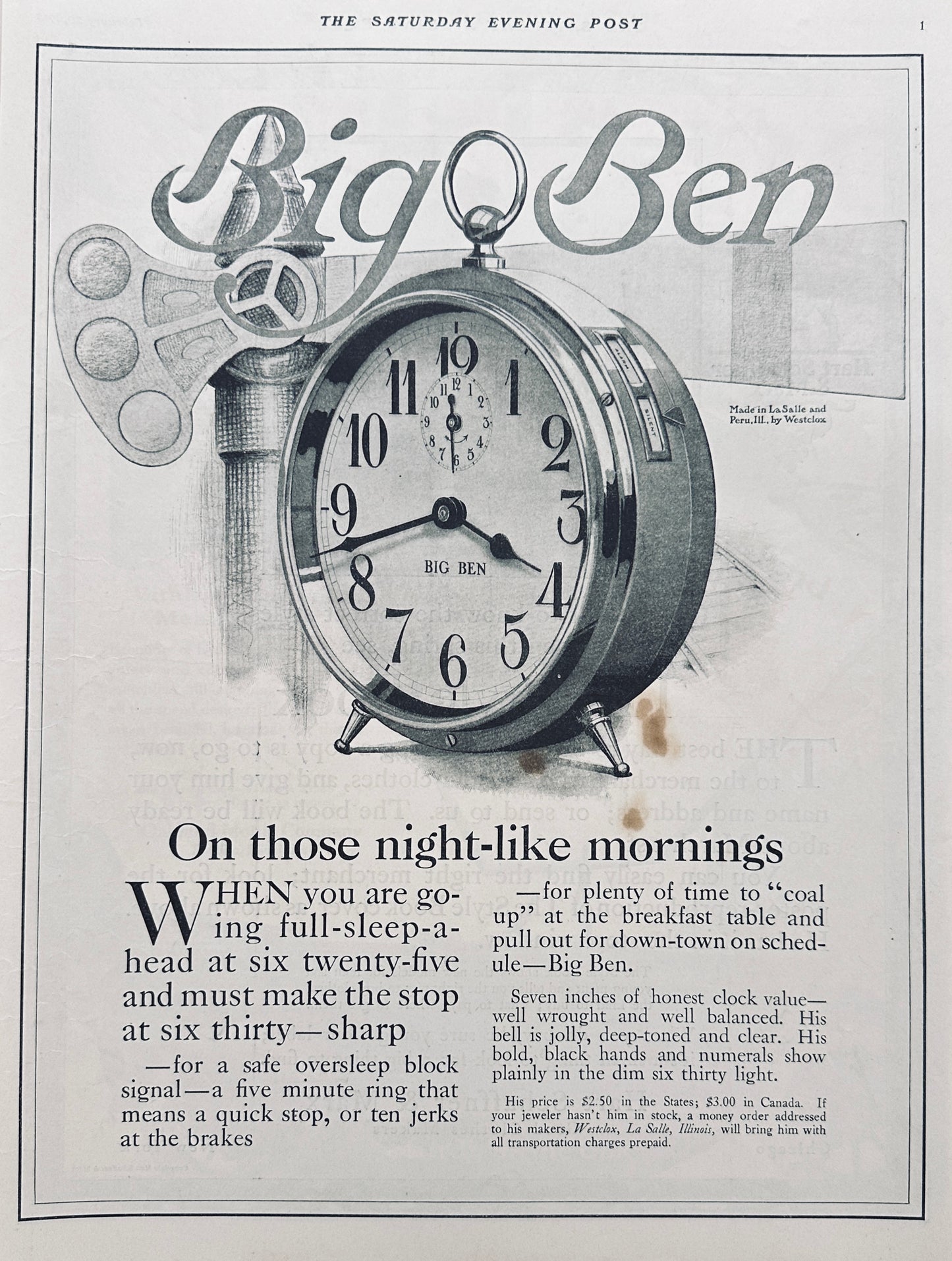 1915 -Big Ben Alarm Clock by Westclox For those Night-like Mornings Ad #1839