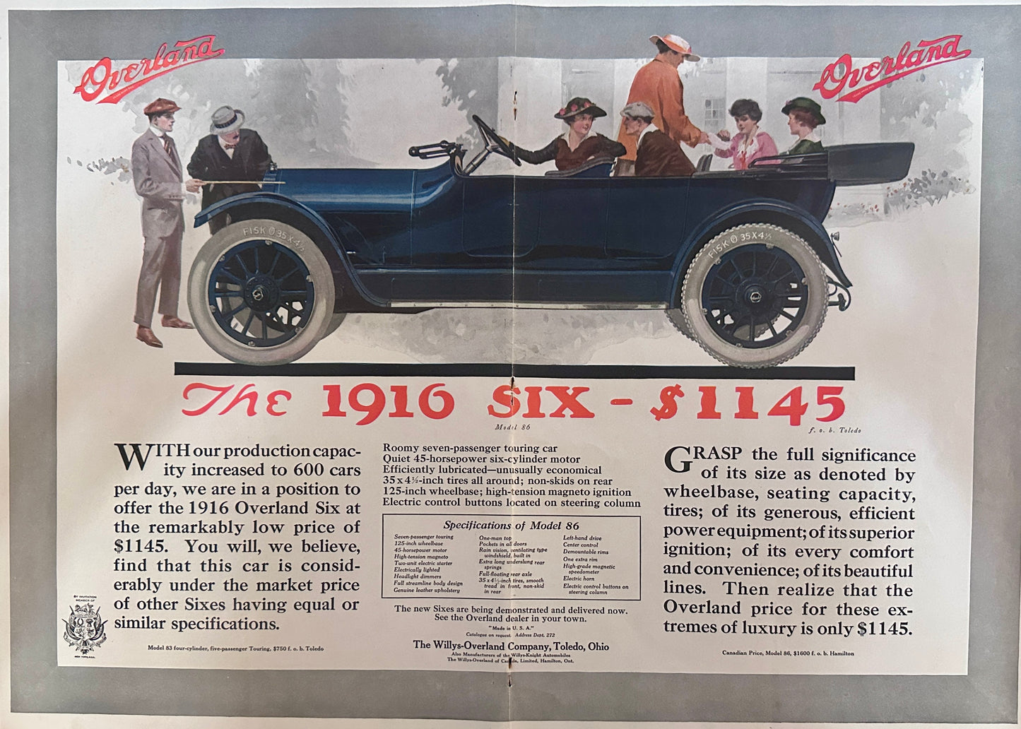 1915 Overland Centerfold Ad Showing 1916 SIX Model - Ad #1863