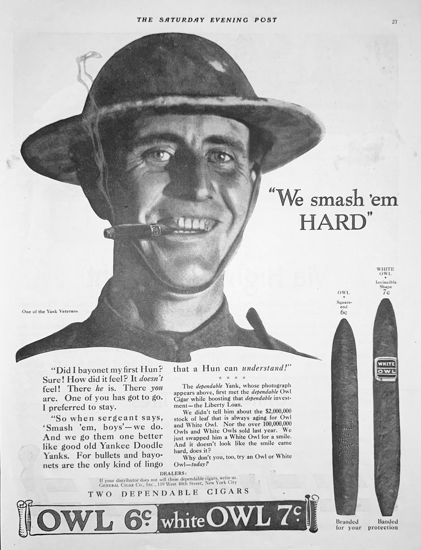 1918 White Owl Cigars - WWI Yank Veteran - Smash'em Hard Ad #1876