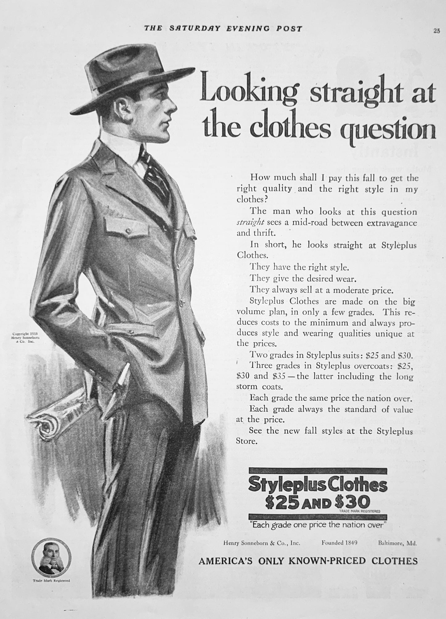 1918 Men's Fashion - Styleplus Clothes by Henry Sonneborn & Co - MD Ad #1874