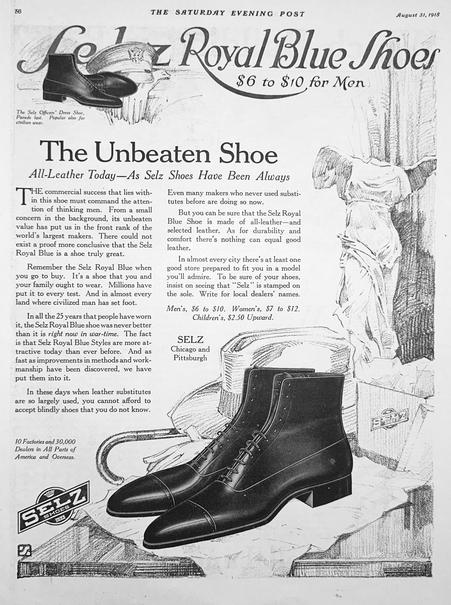 1918 Masterpiece Ad of Yesteryear - SELZ Shoes - Royal Blue - Men's Ad #1868