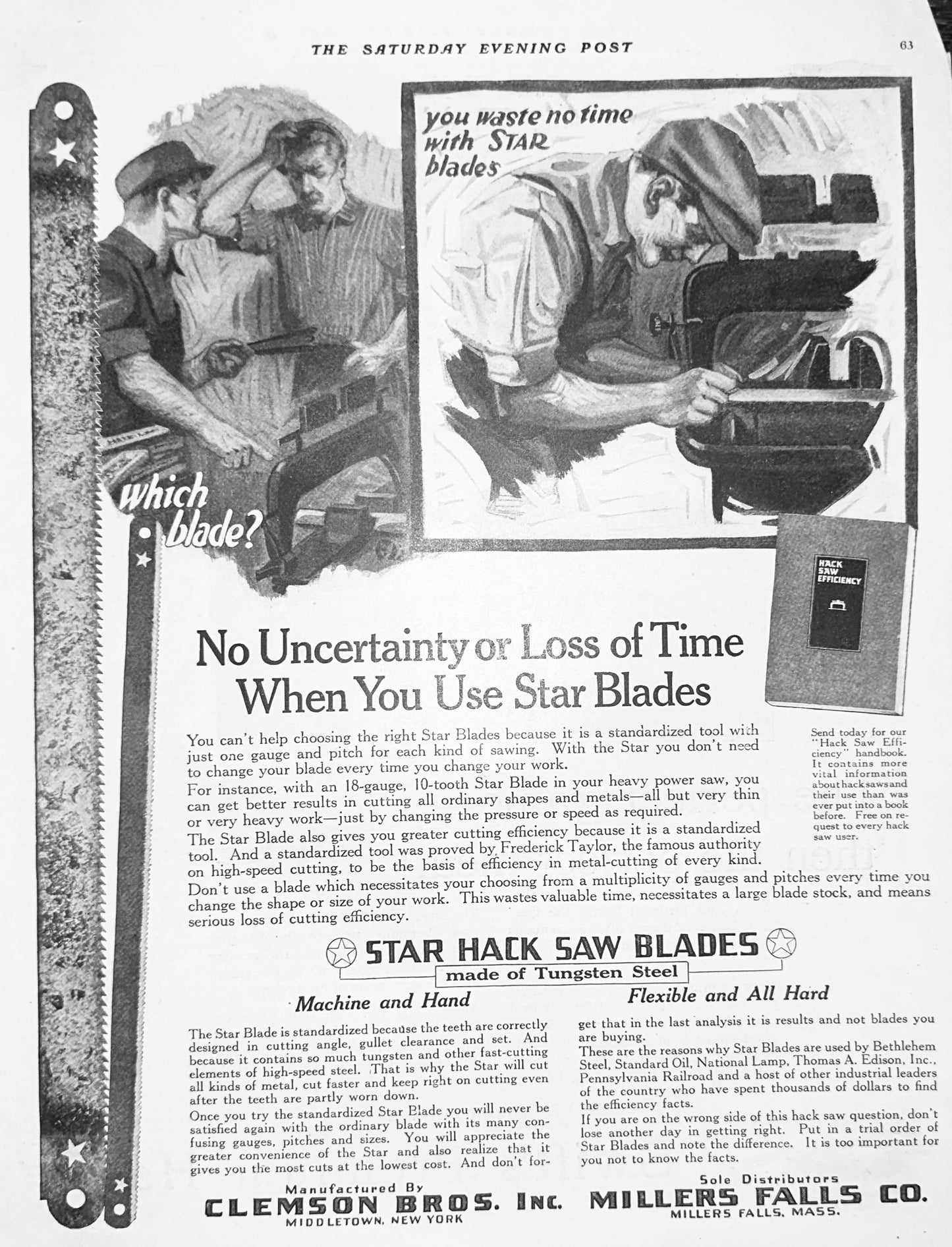 1918 Star Hack Saw Blades - Clemson Bros - Millers Falls Ad #1866