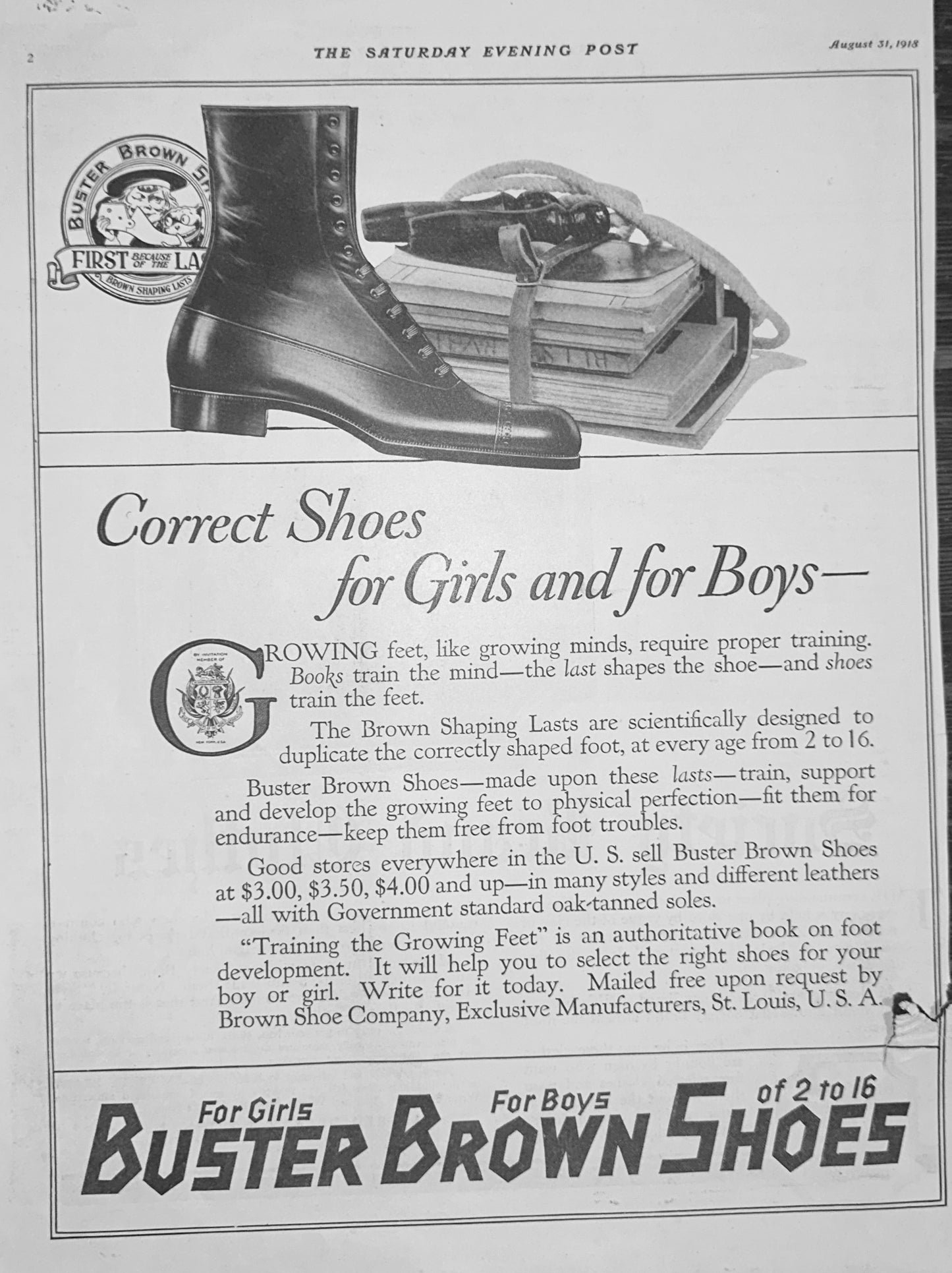 1918 Masterpiece Ad of Yesteryear - Buster Brown Children's Shoes - #1865