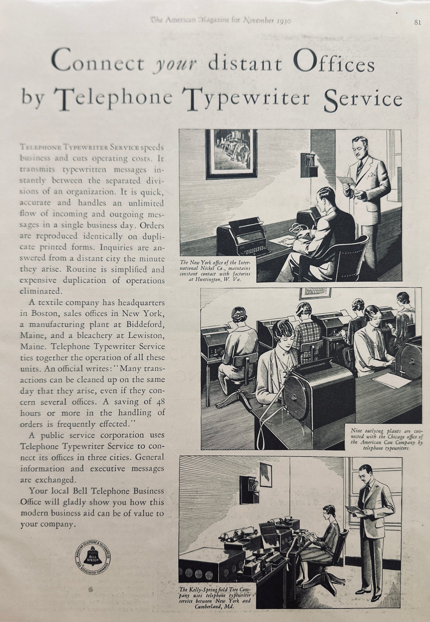 1930 Bell Telephone System Typewriter Service Magazine Ad