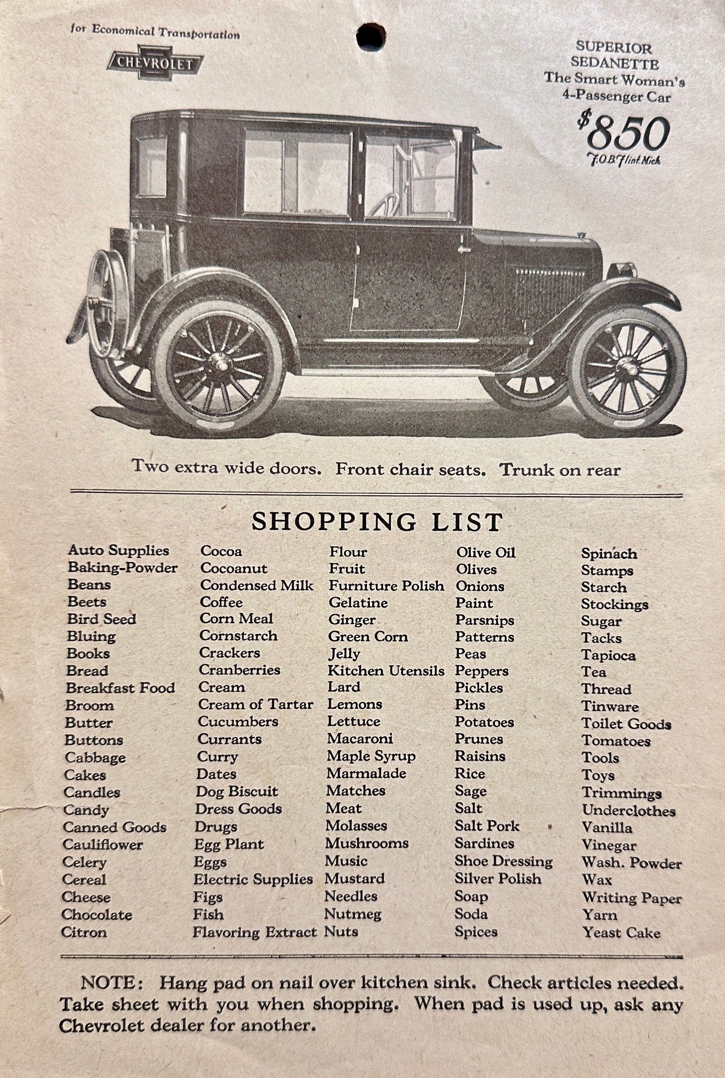 1923 Chevrolet Superior Sedanette Shopping List Partial Tablet - MC-5