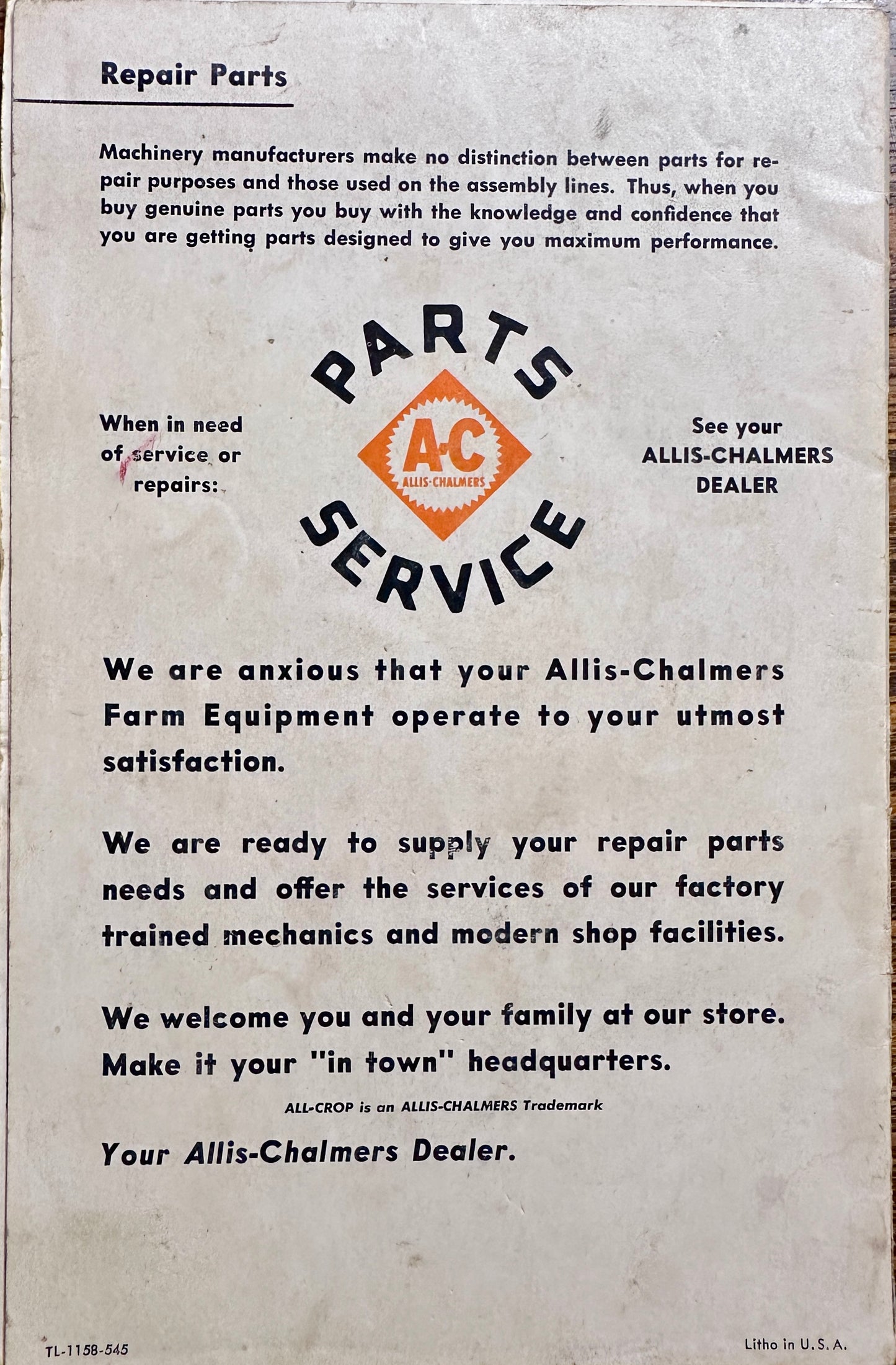 1953 Allis Chalmers All Crop Harvester for Models 60 and 66 # MC-6