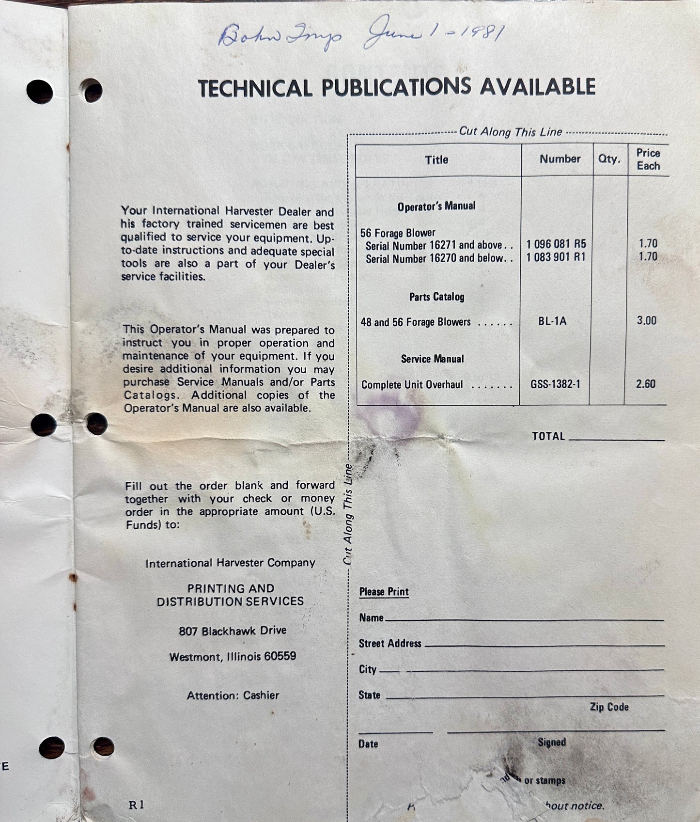 1980 (?)International Harvester 56 Forage Blower Operator's Manual MC17