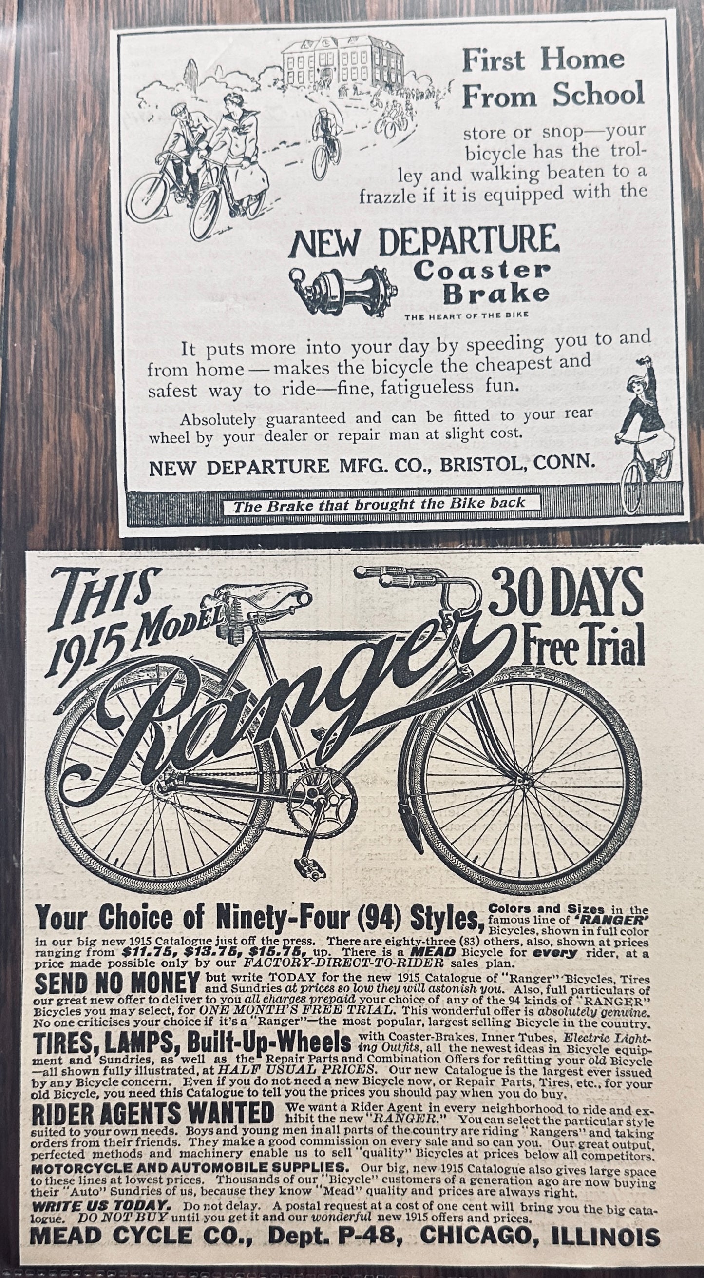 1914 - 1915 Bicycle Ads - Mead Cycle - New Departure Coaster BraKE - aD