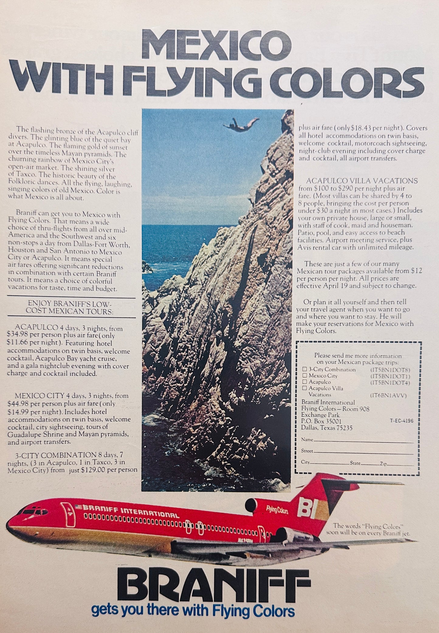1975 Braniff Airlines Mexico With Flying Colors - Magazine Ad
