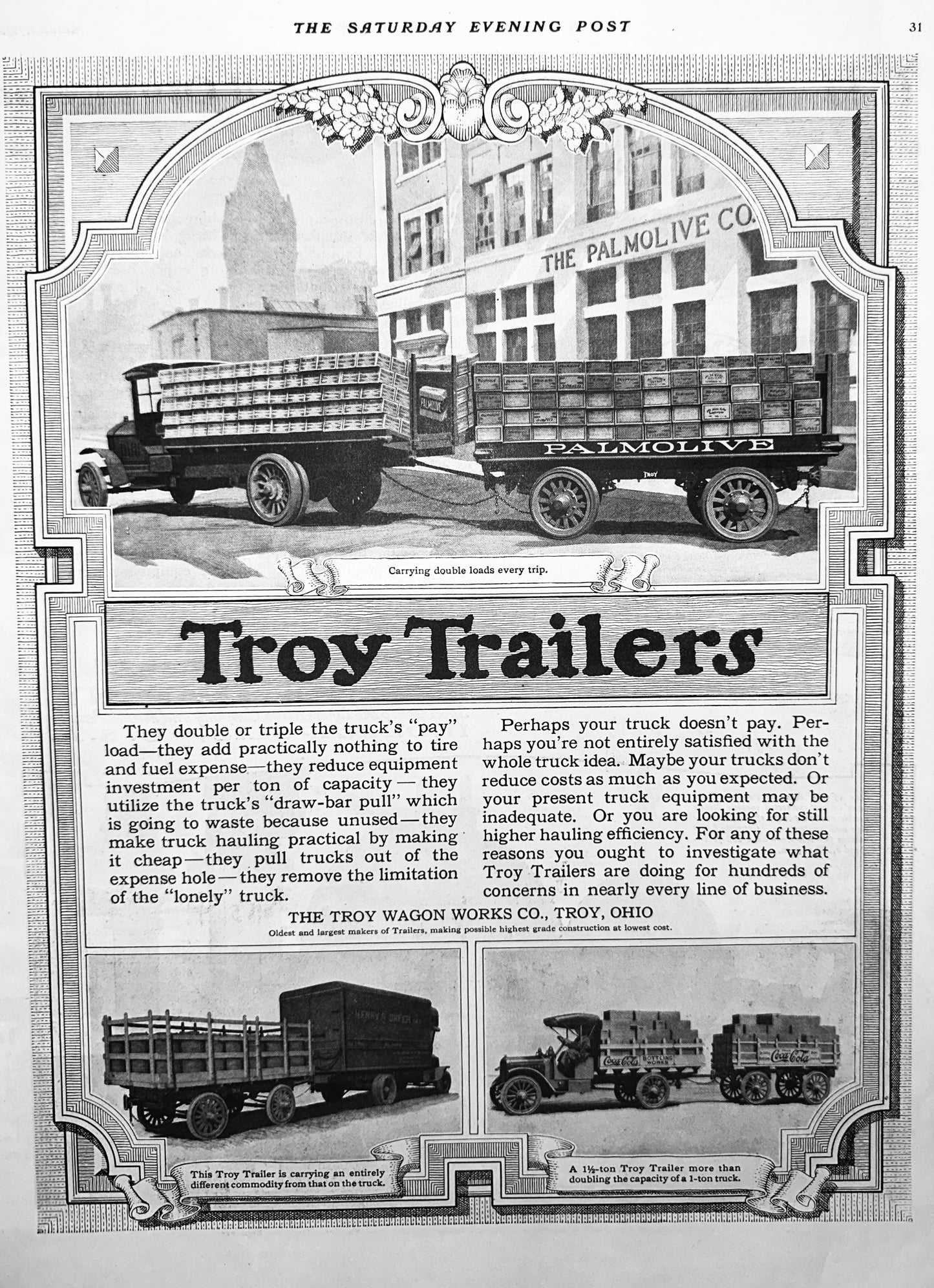 1919 Troy Trailers - Earlier Commercial Trucking Palmolive Coca-Cola Ad #1894