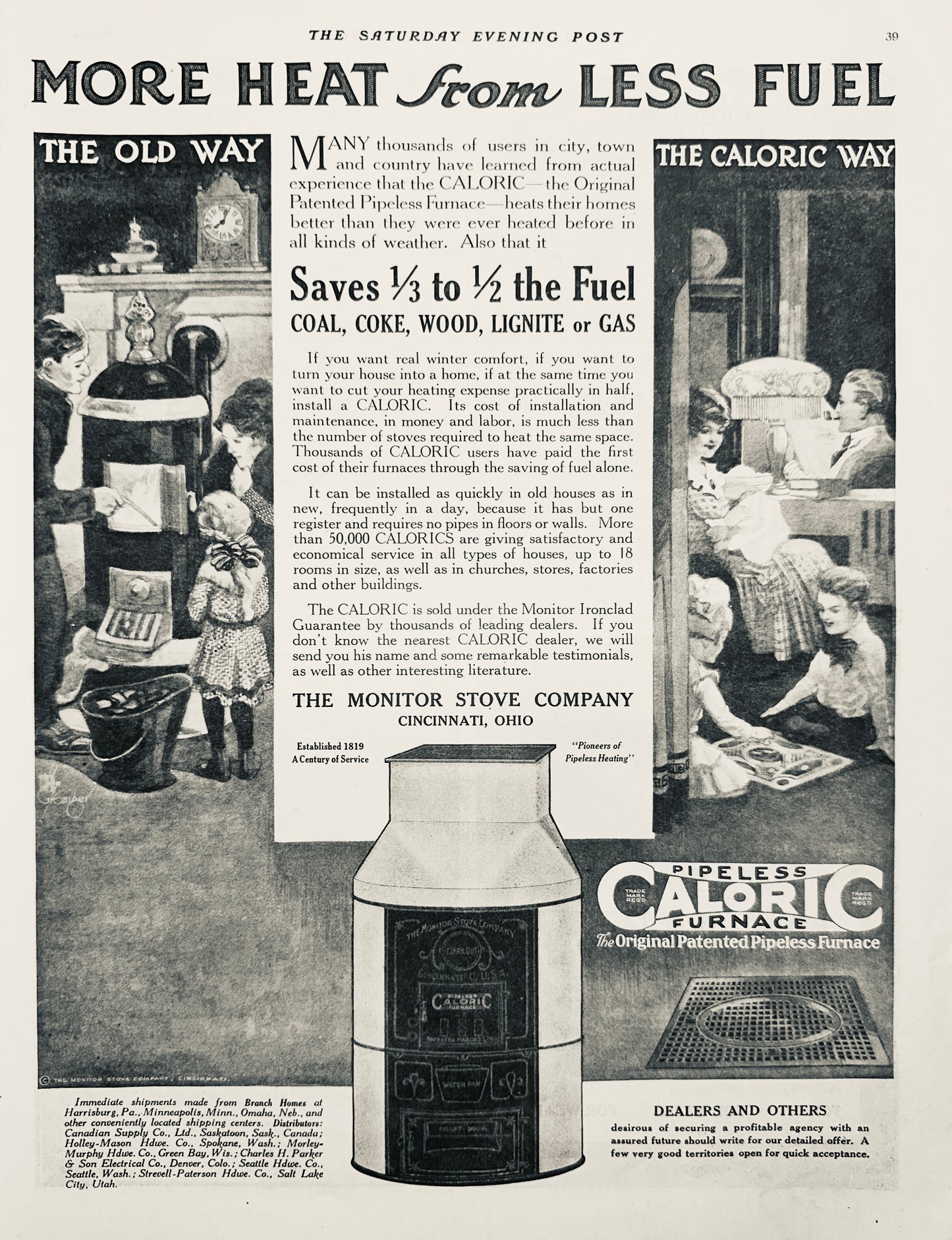 1919 Pipeless CALORIC Furnace - One Pipe - Iconic Floor Grate - Ad #1891