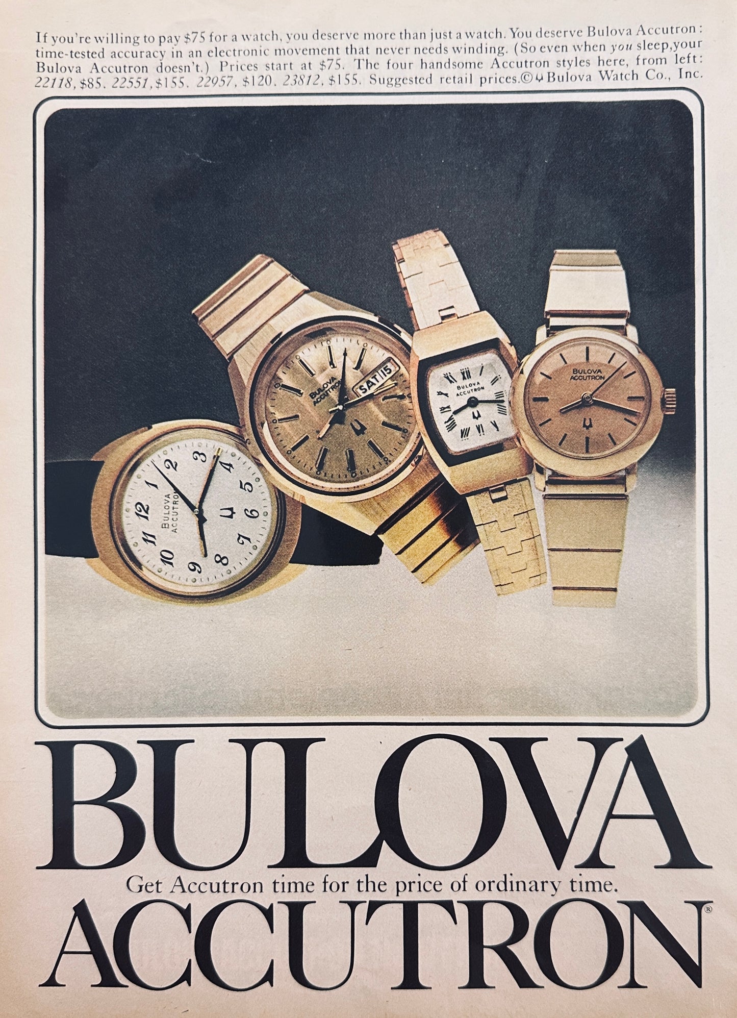 1976 Bulova Accutron - 4 Styles - Never Need Winding - Magazine Ad N137
