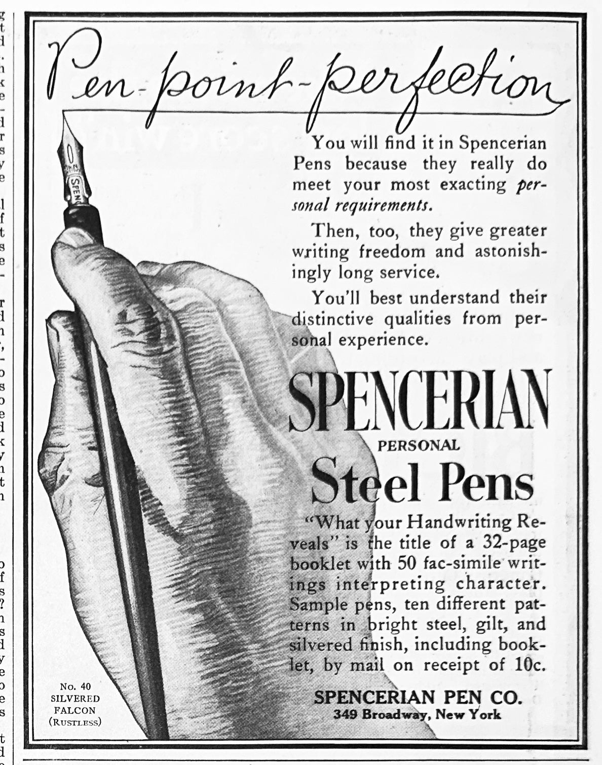 1919 Pen-Point Perfection Spencerian Steel Pen Nibs Ad #1888