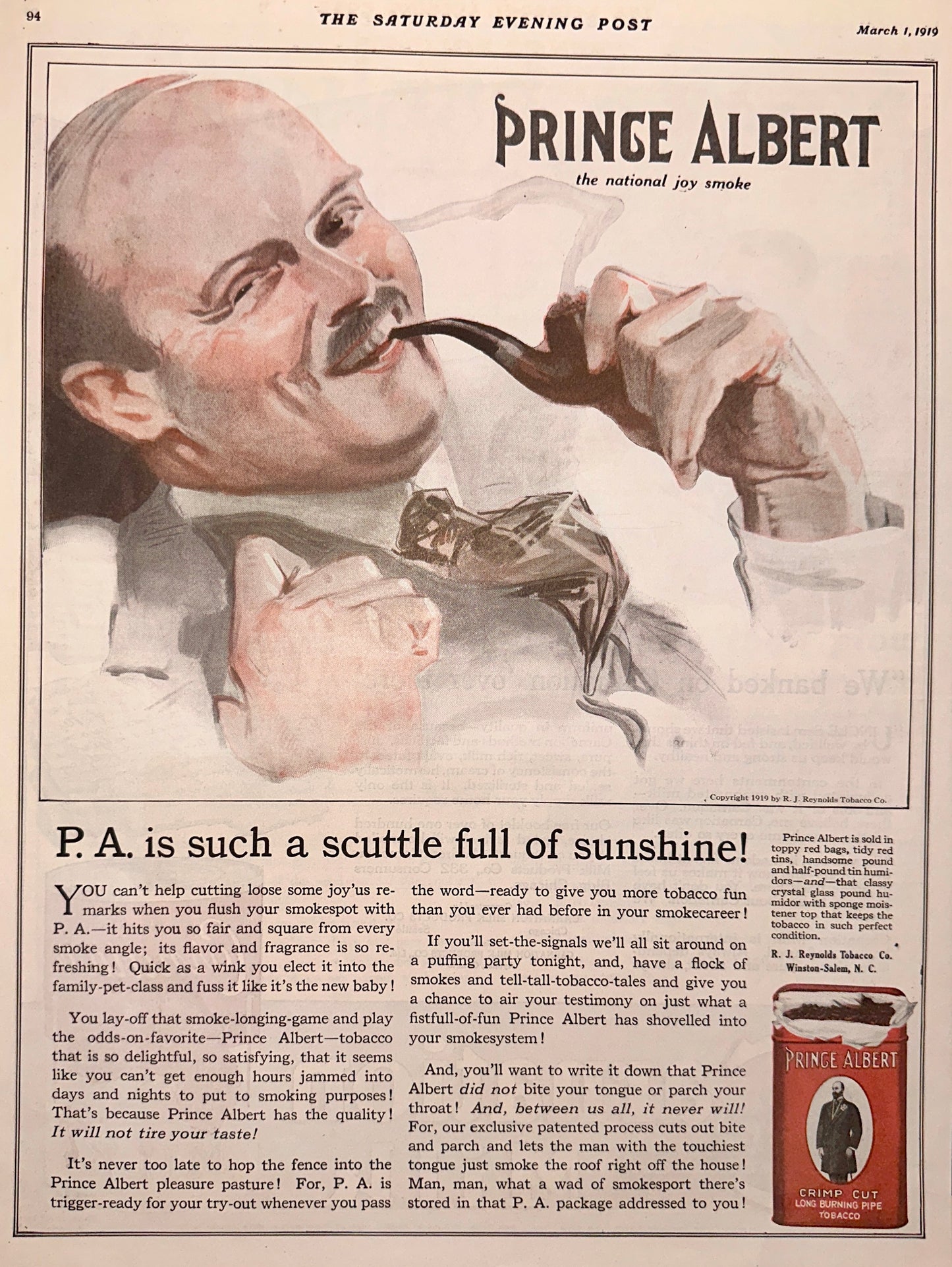 1919 Prince Albert Pipe Tobacco - Gots No Hair Gots No Cares - Ad #1884