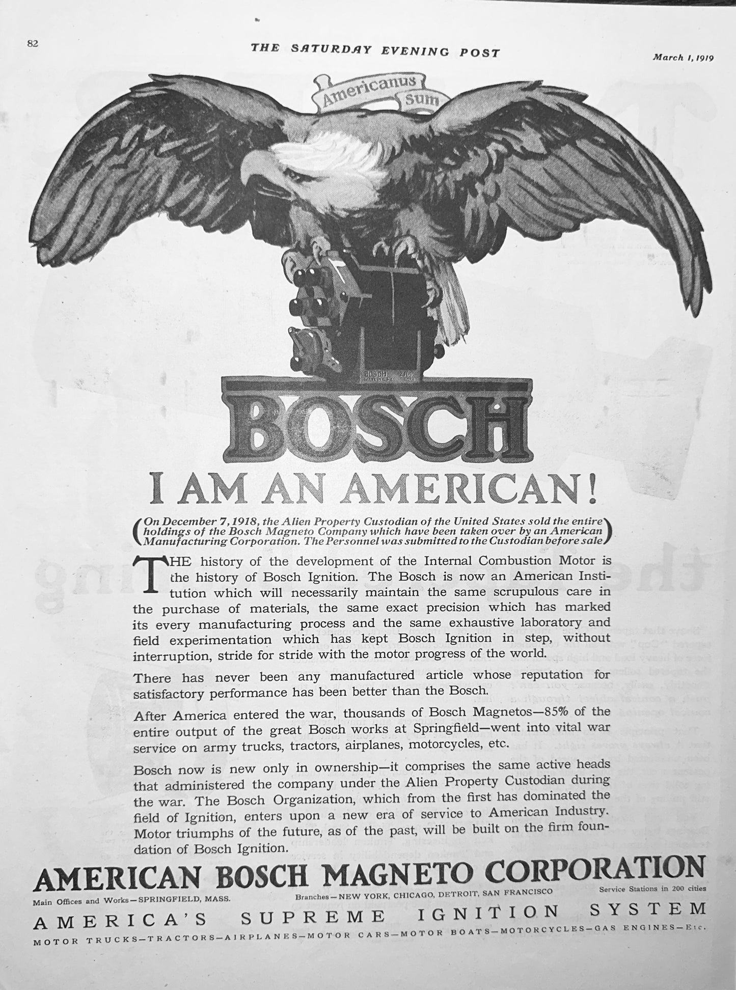 1919 American Bosch Magneto Corporation Patriotic Ad #1880