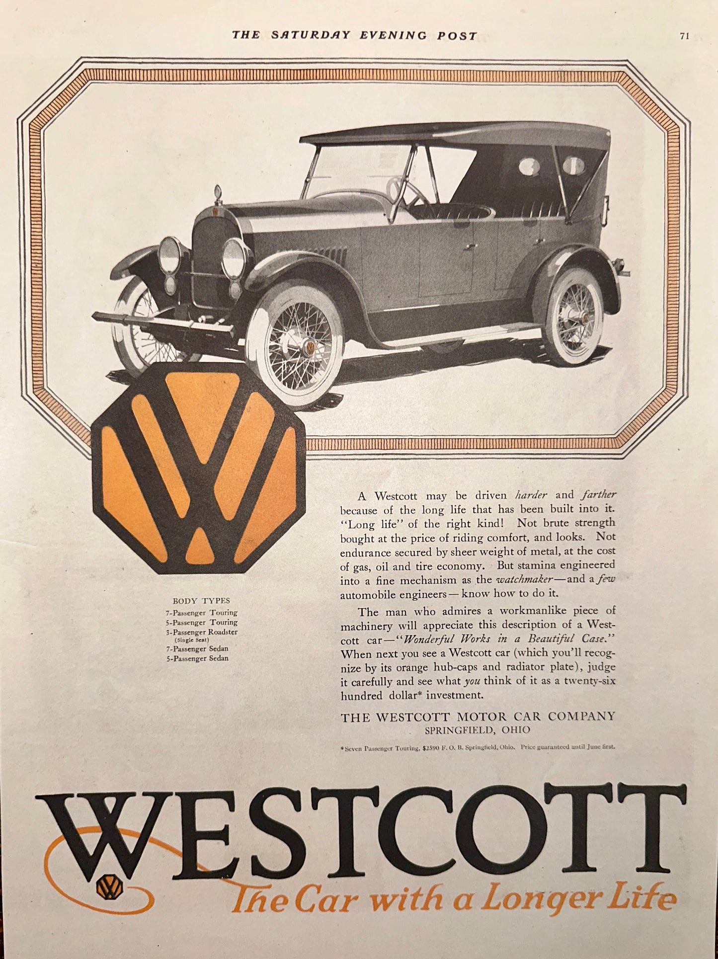 1919 Forgotten Auto Marque - WESTCOTT Springfield - Oh AD #1879