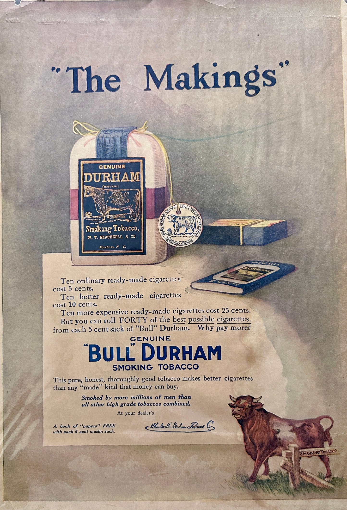1912 Original Colorized Bull Durham Smoking Tobacco Ad #1911