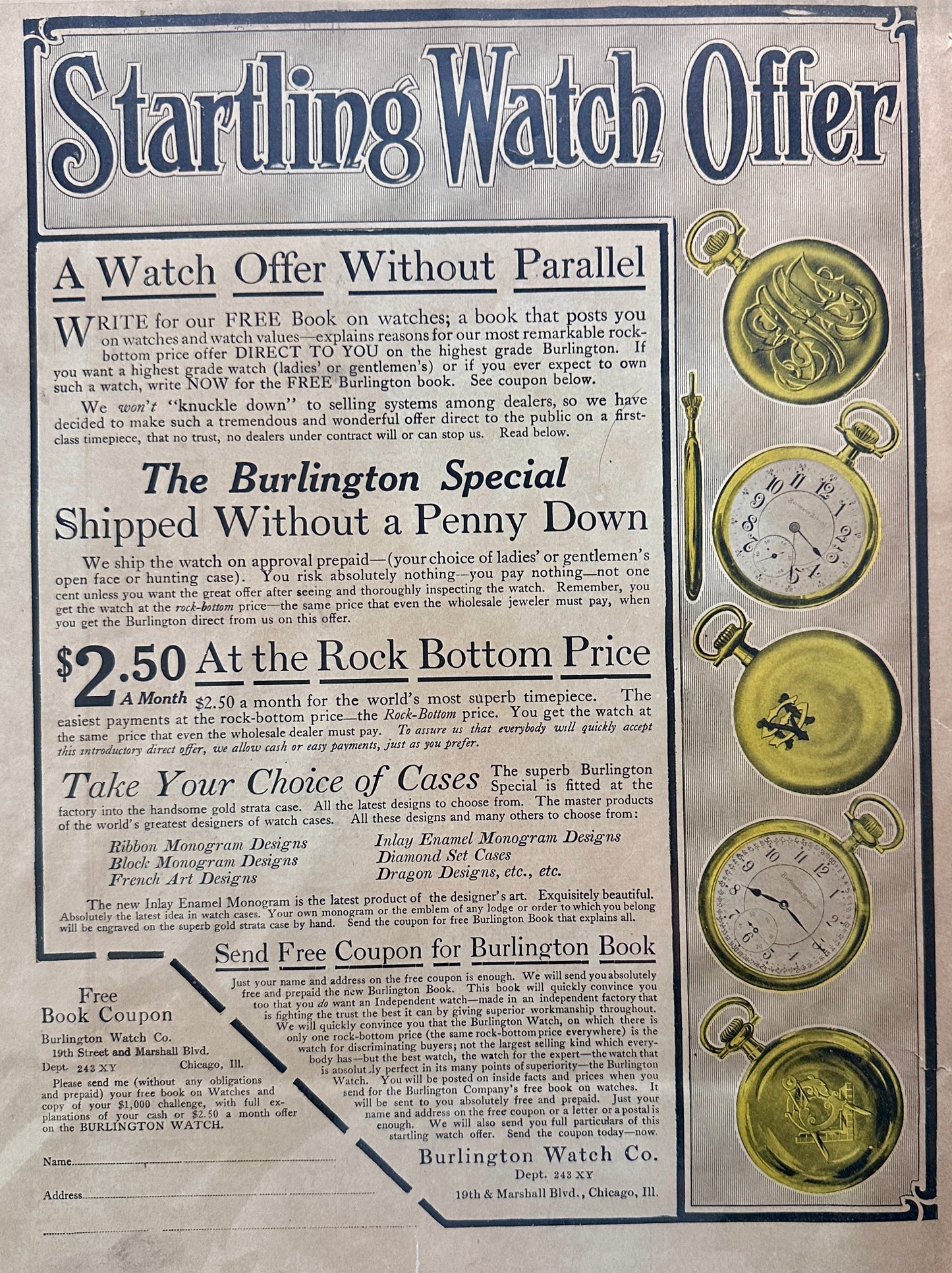 1912 Burlington Watch Company - Startling Watch Offer Ad #1913