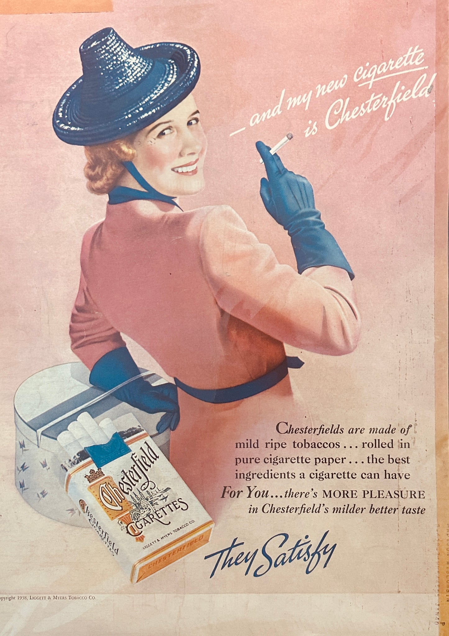 1938 Chesterfield Cigarette Ad - Young Lady with Pink and Navy outfit