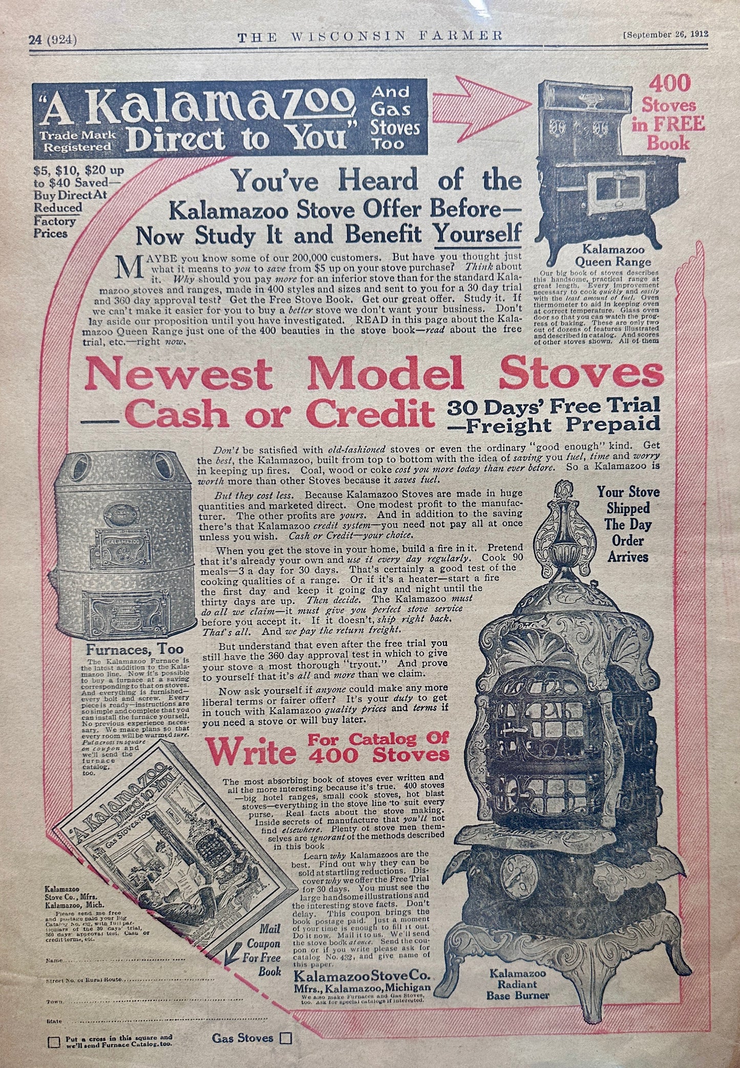 1912 Kalamazoo Pot Belly Stove, Range & Pipeless Furnace Magazine Ad #1919